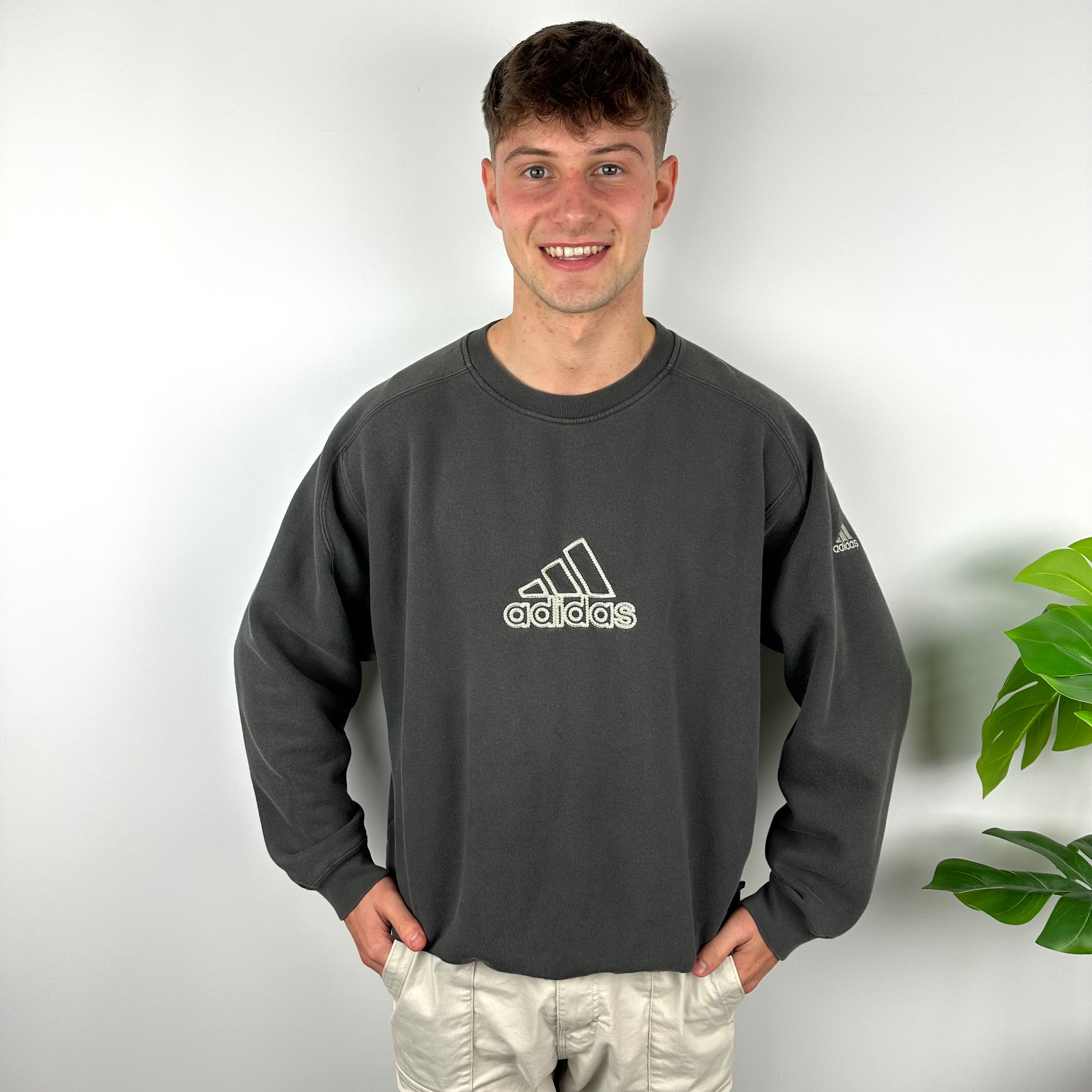 Adidas Grey Embroidered Spell Out Sweatshirt (XL)