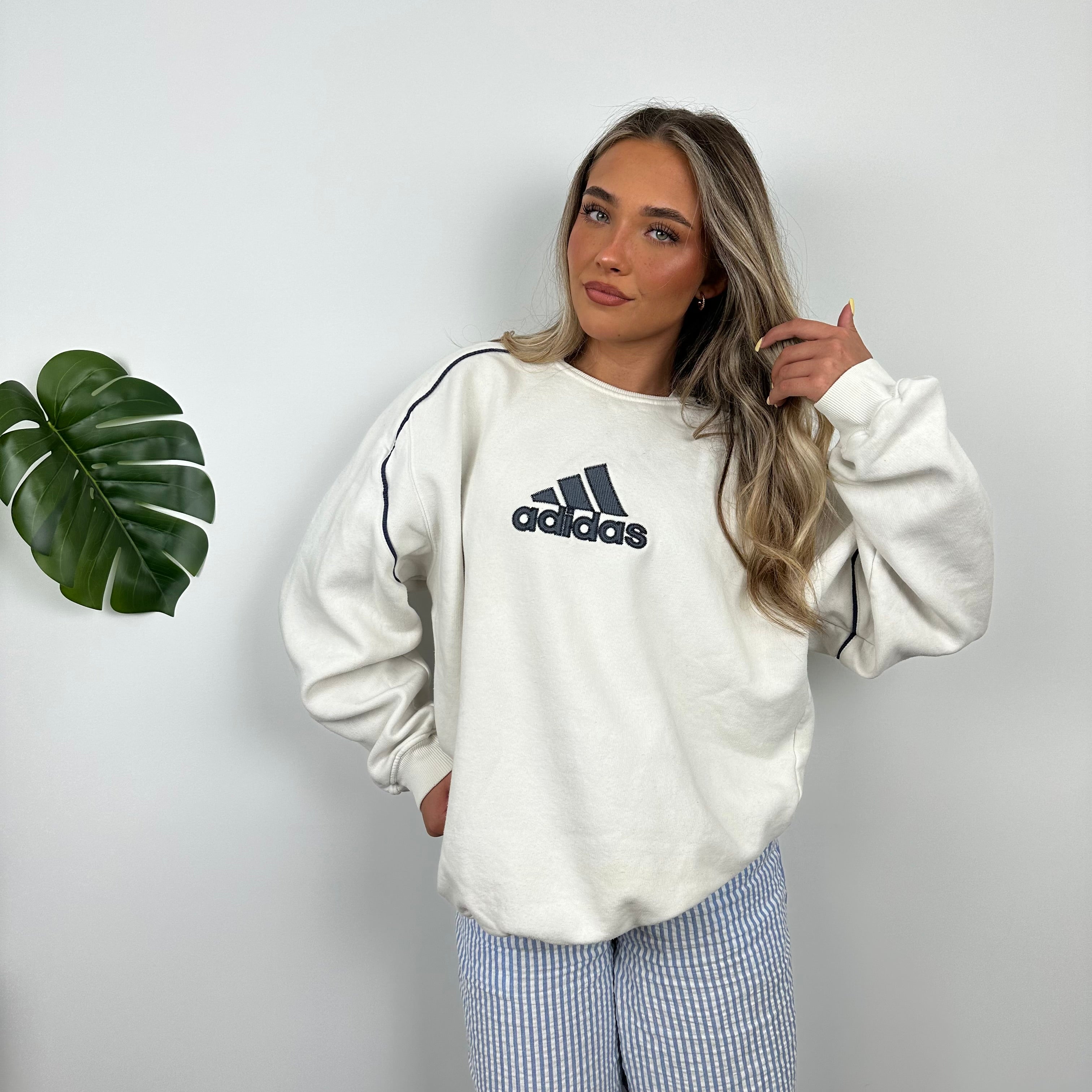 Adidas White Embroidered Spell Out Sweatshirt (M)