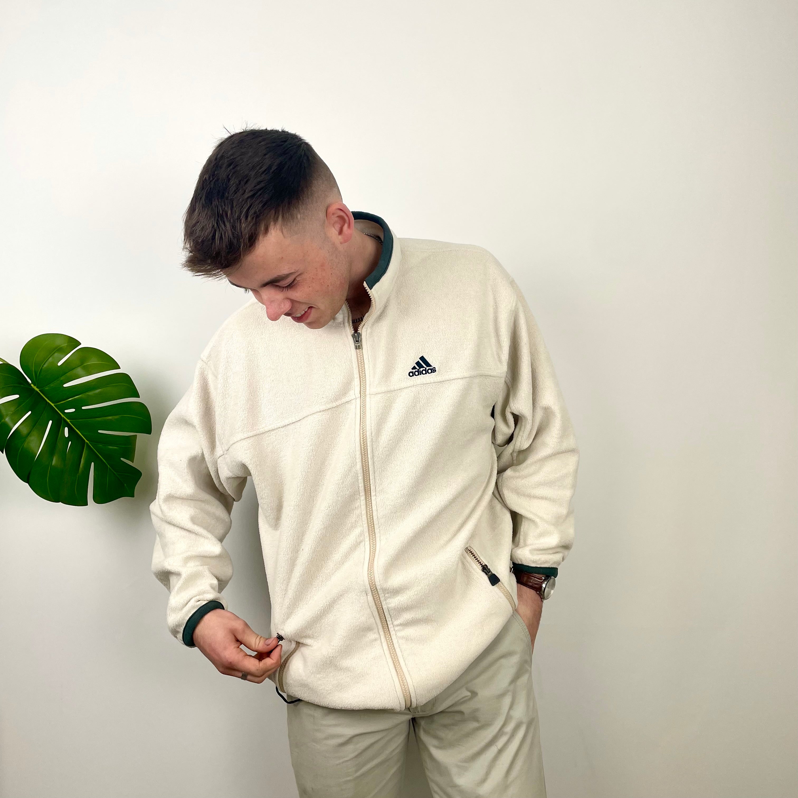 Adidas Cream Teddy Bear Fleece Zip Up Sweatshirt Jacket (XL)