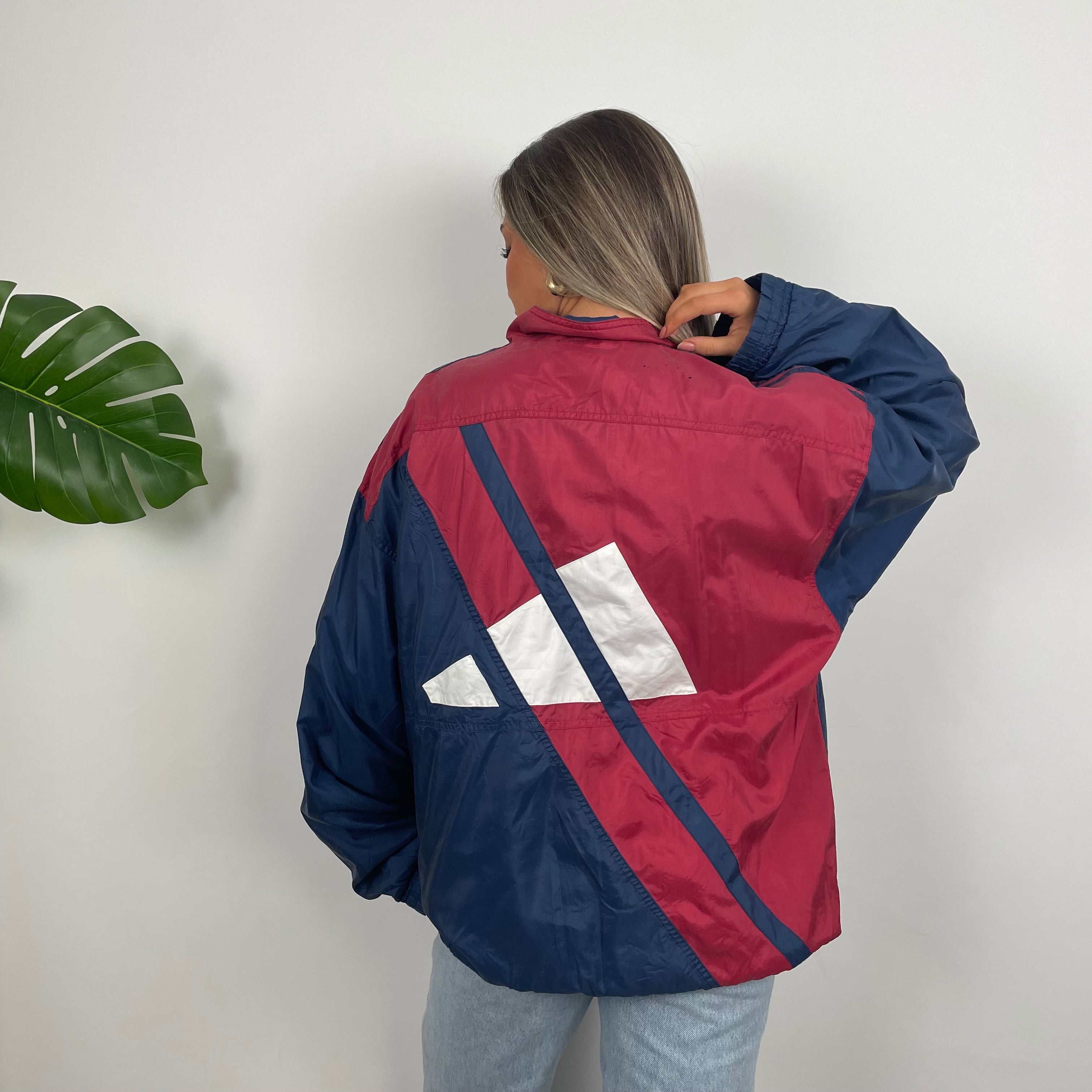 Adidas Navy & Red Colour Block Embroidered Spell Out Windbreaker Jacket (XL)