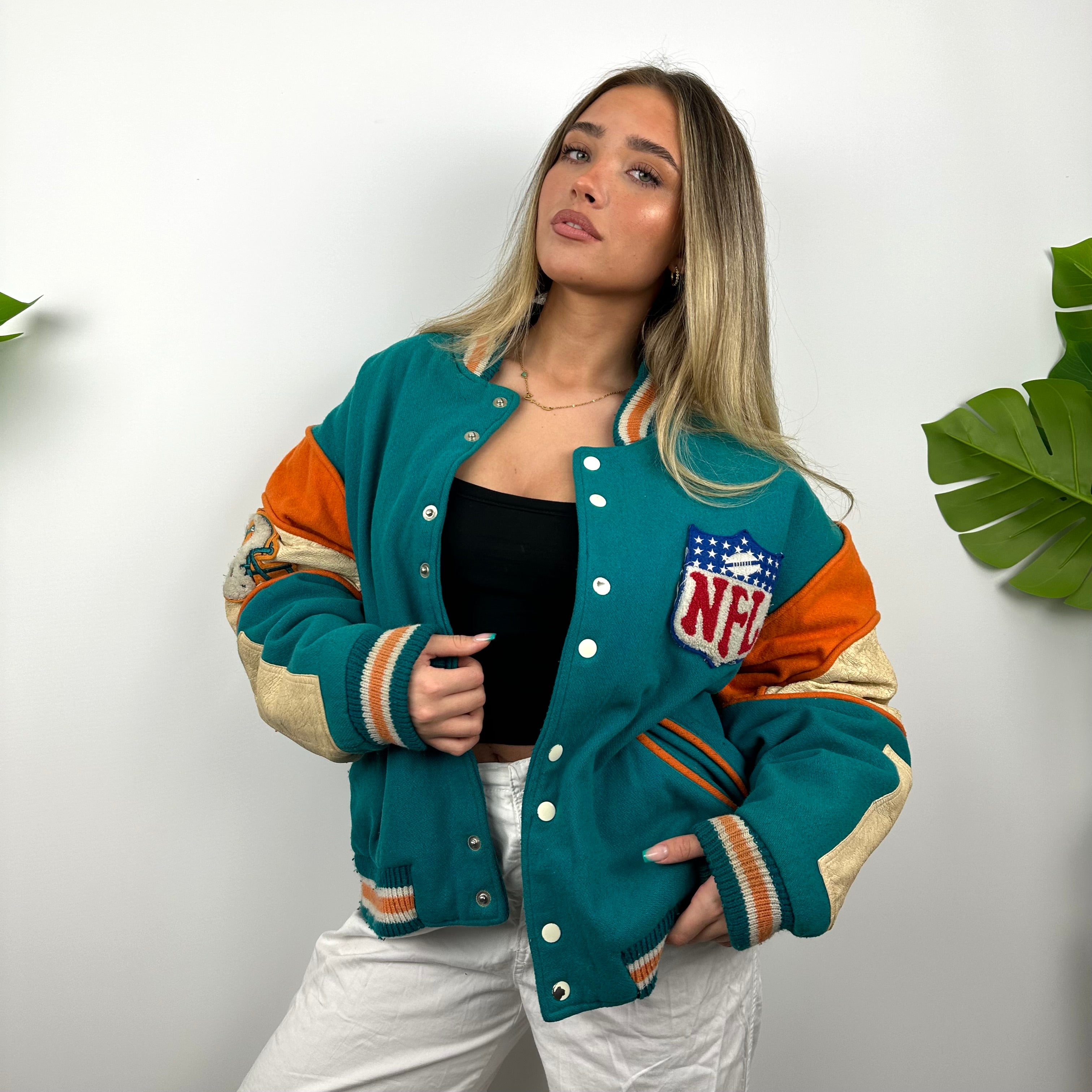 Miami Dolphins NFL ULTRA RARE Blue Heavyweight Jacket as worn by Alix Earle (L)