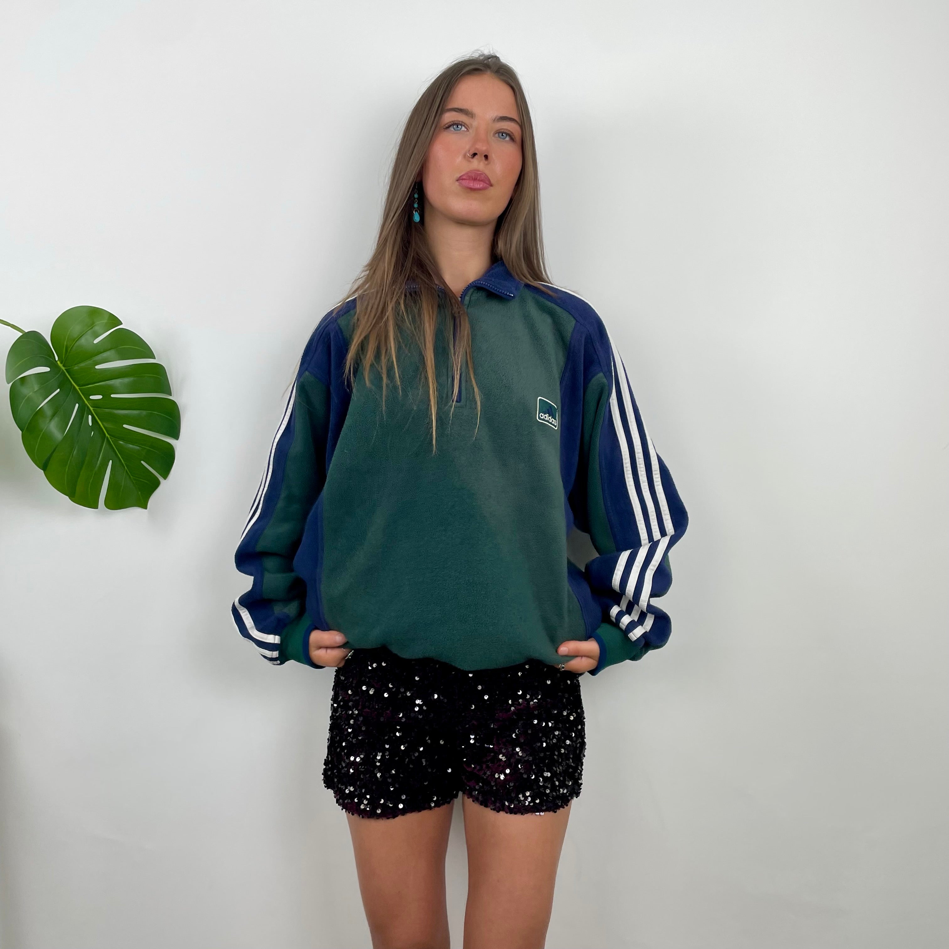 Adidas Green Embroidered Spell Out Fleece Quarter Zip Sweatshirt (XL)