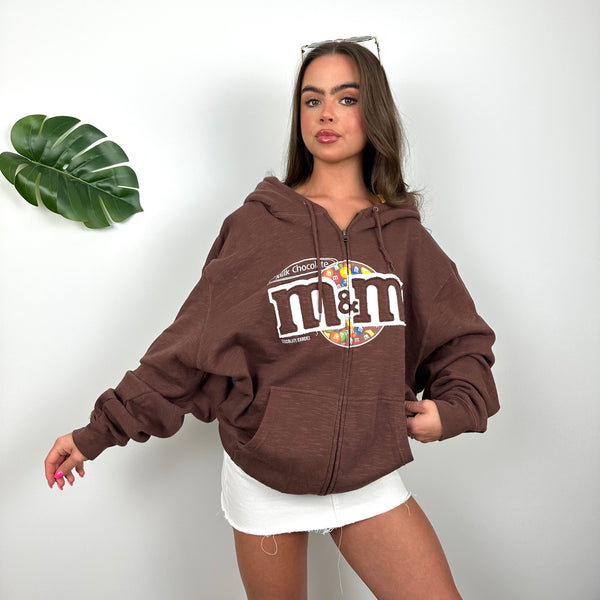 M&M’s Chocolate Brown Embroidered Spell Out Zip Up Hoodie Jacket (XL)