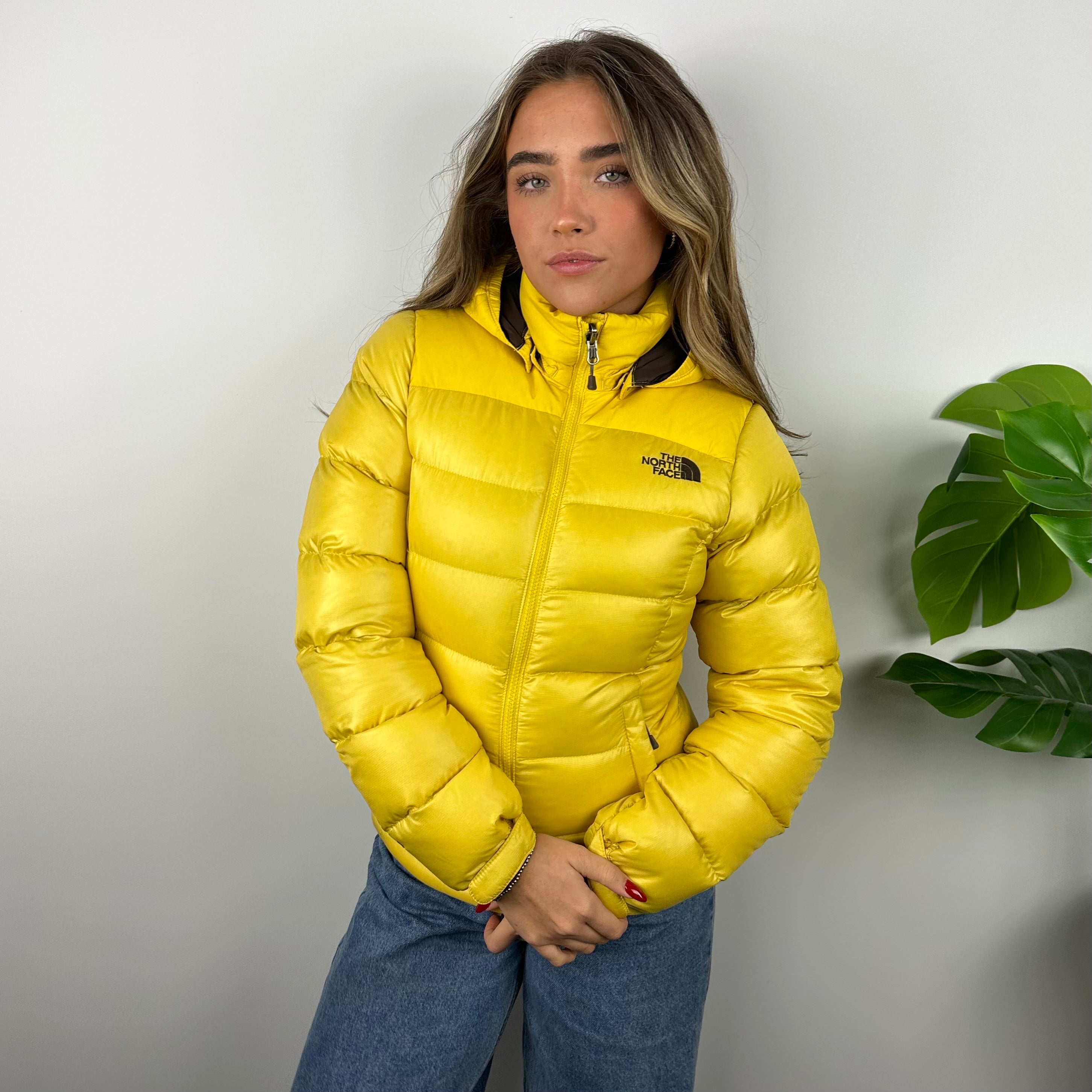North Face Yellow Embroidered Spell Out Puffer Jacket (S)