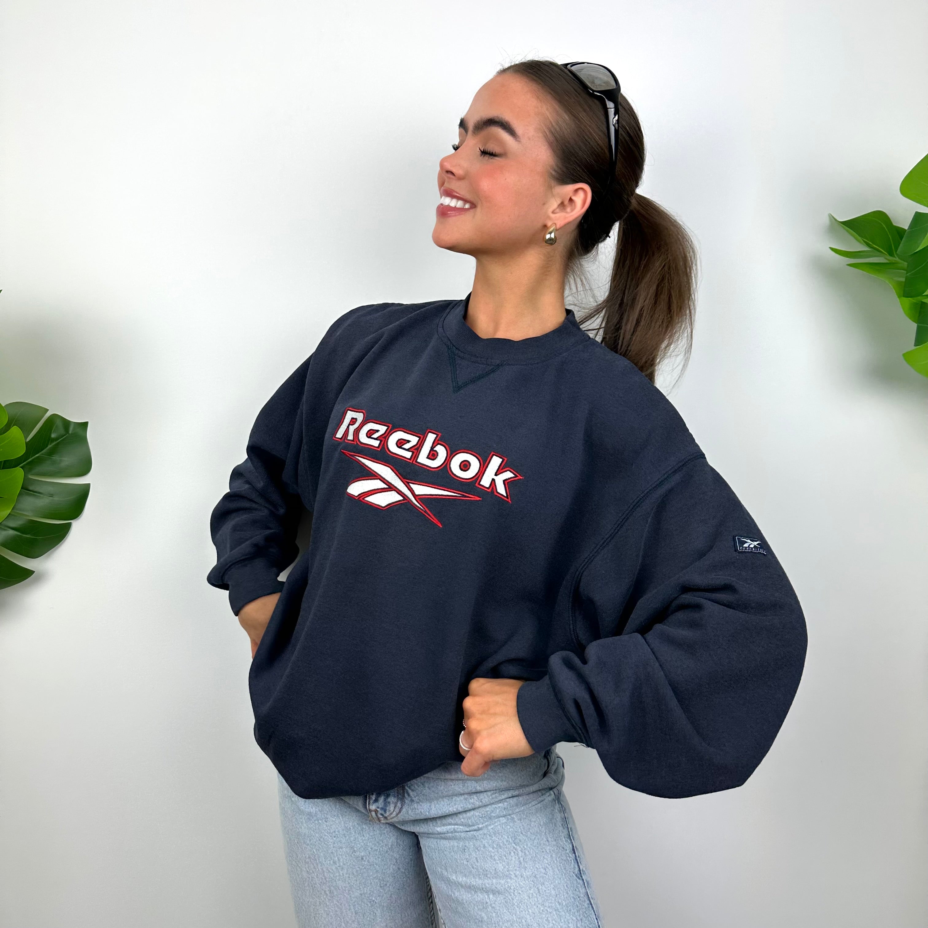 Reebok Navy Embroidered Spell Out Sweatshirt (M)