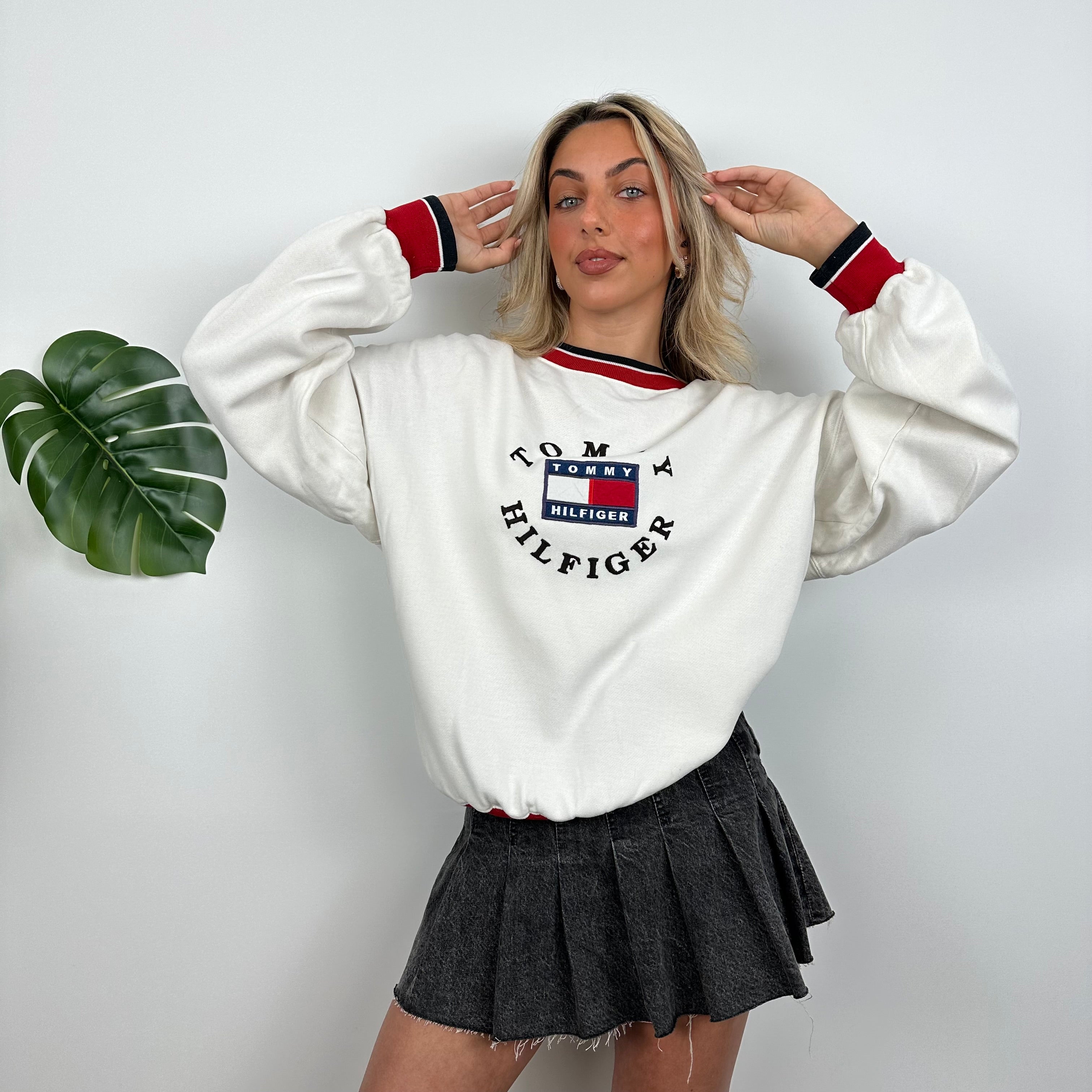 Tommy Hilfiger RARE White Embroidered Spell Out Sweatshirt (M)