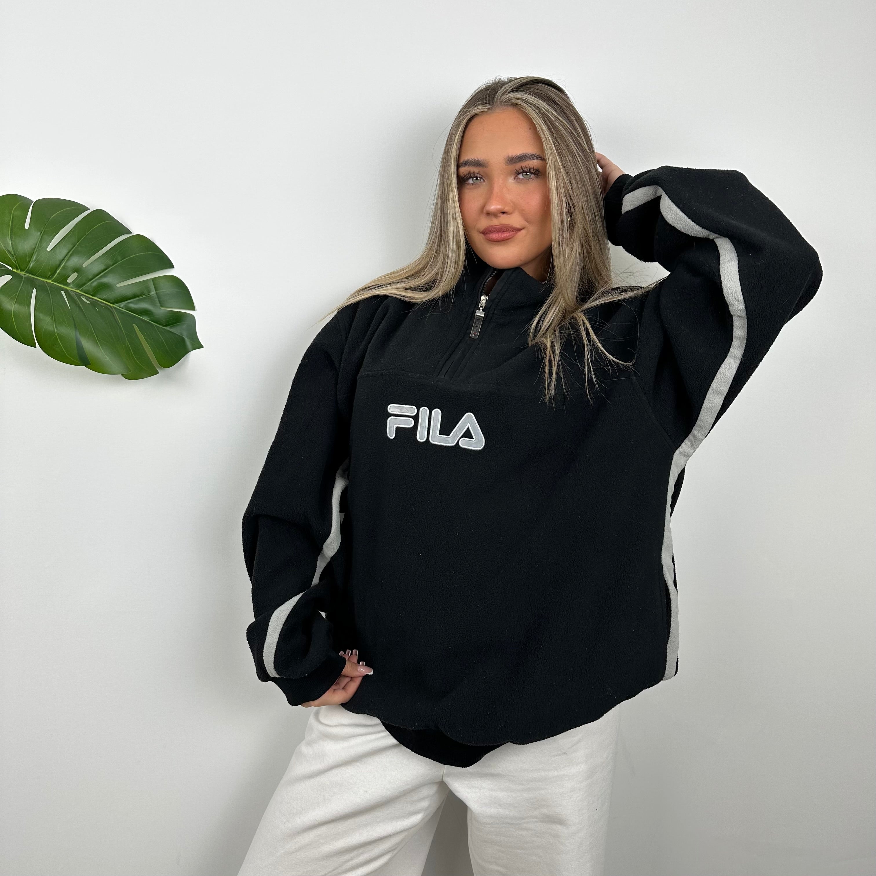 FILA Black Embroidered Spell Out Teddy Bear Fleece Quarter Zip Sweatshirt (XL)