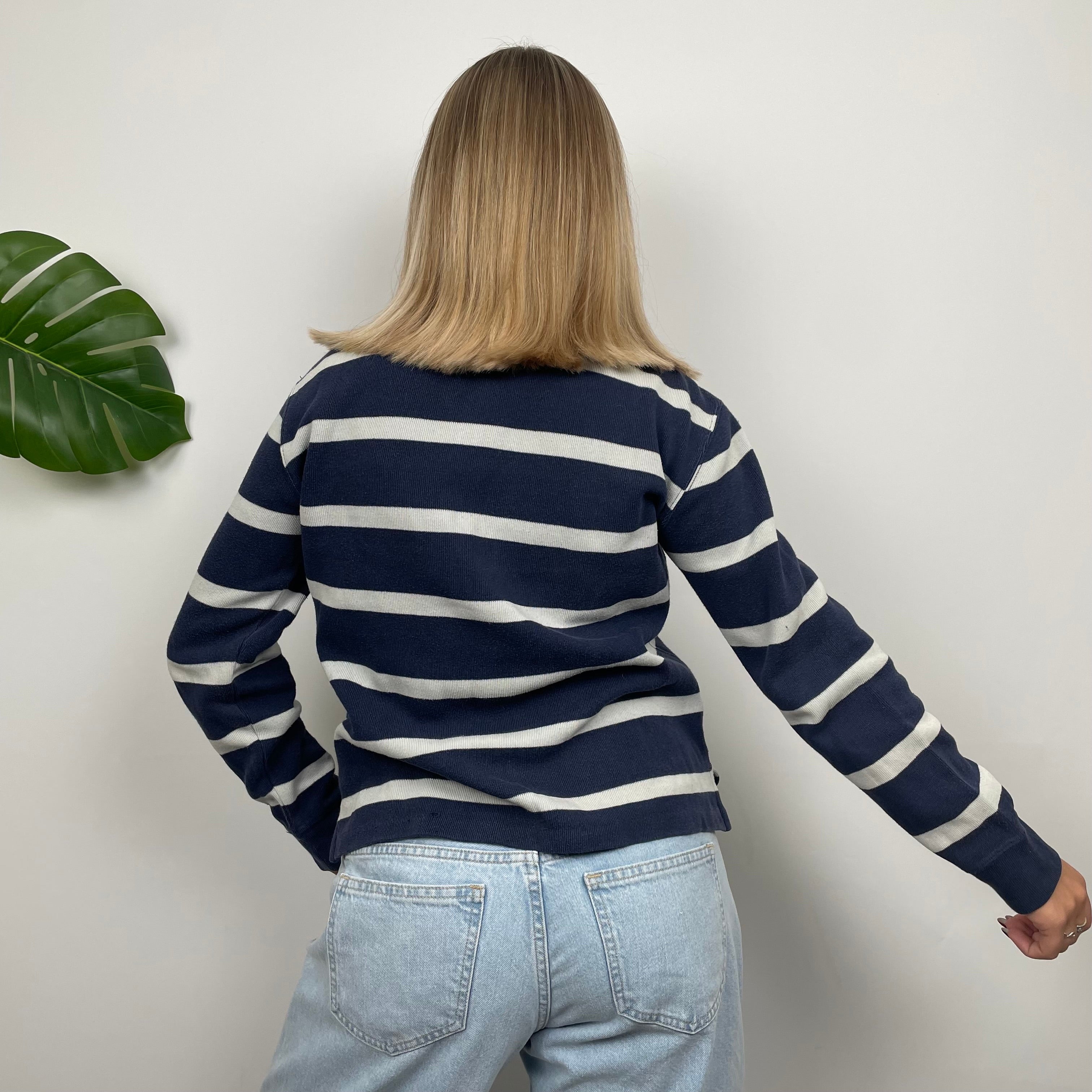 Polo Ralph Lauren RARE White & Navy Striped Embroidered Logo Quarter Zip Sweatshirt (S)