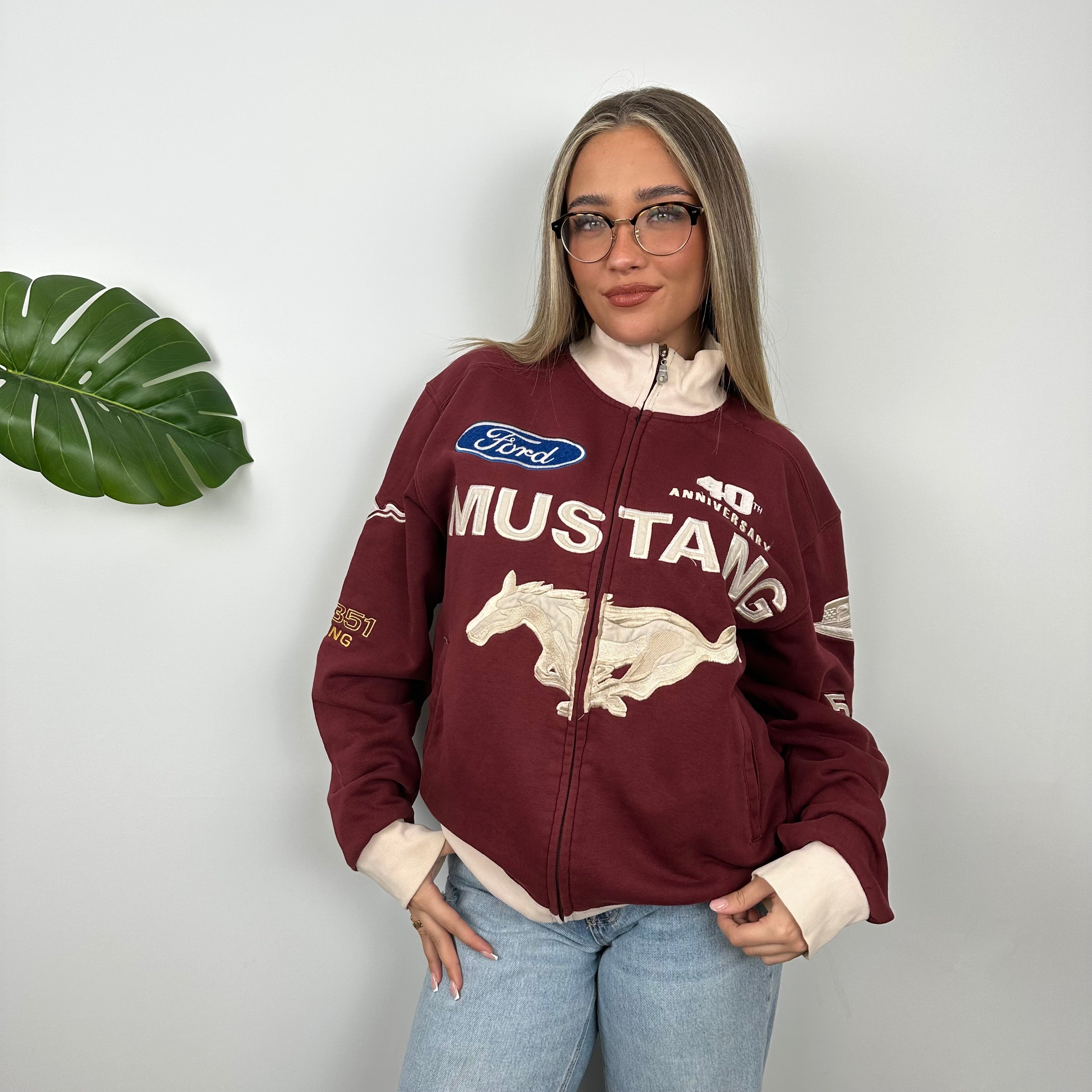 Ford Mustang Racing Maroon Embroidered Spell Out Zip Up Jacket (M)