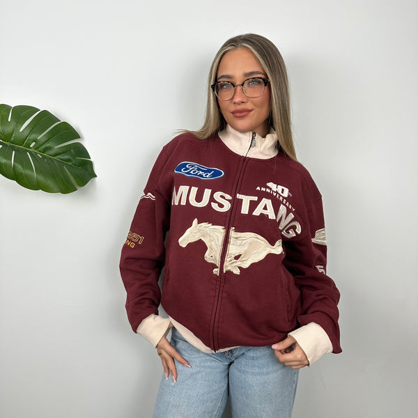 Ford Mustang Racing Maroon Embroidered Spell Out Zip Up Jacket (M)