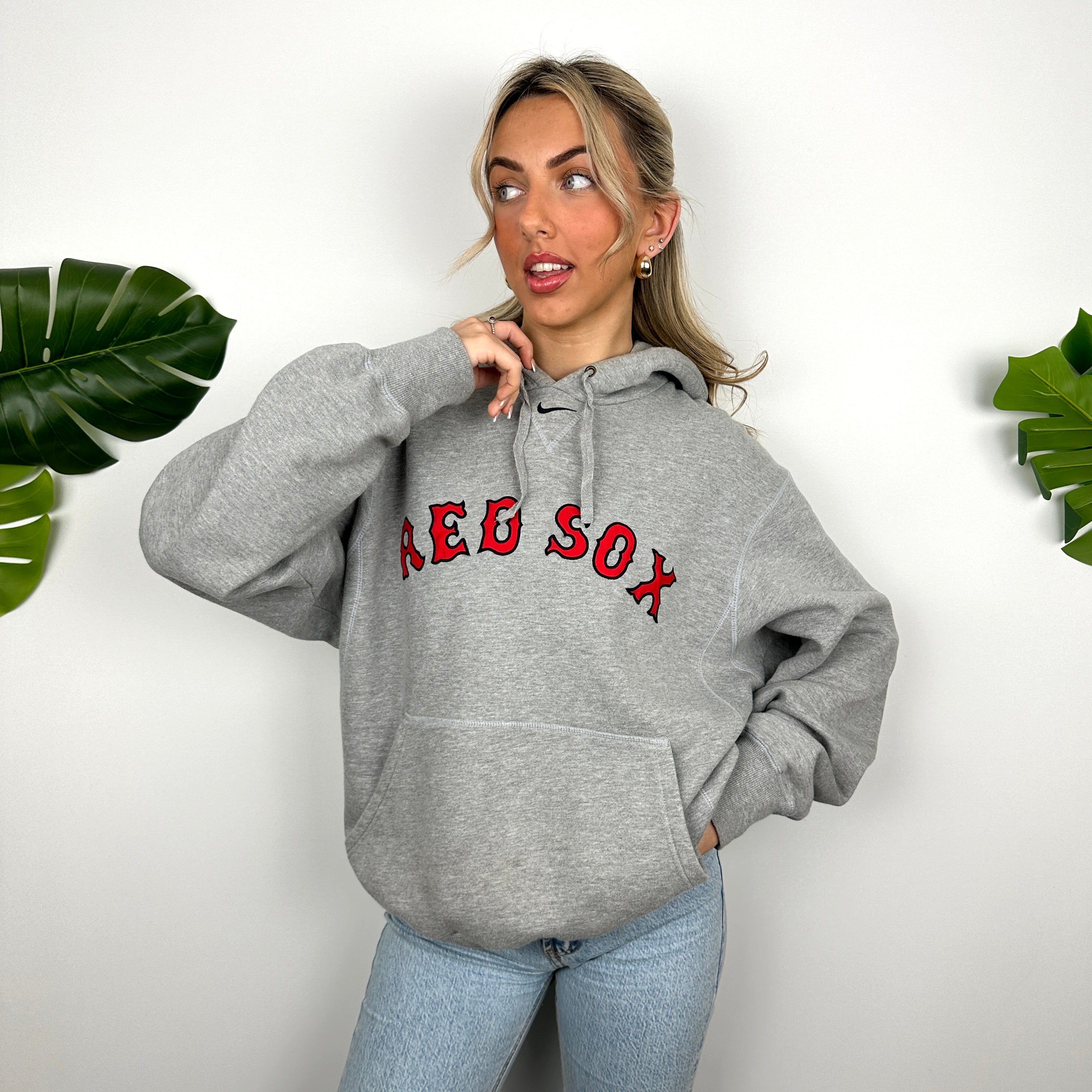 Nike X Boston Red Sox Grey Embroidered Spell Out Hoodie (M)