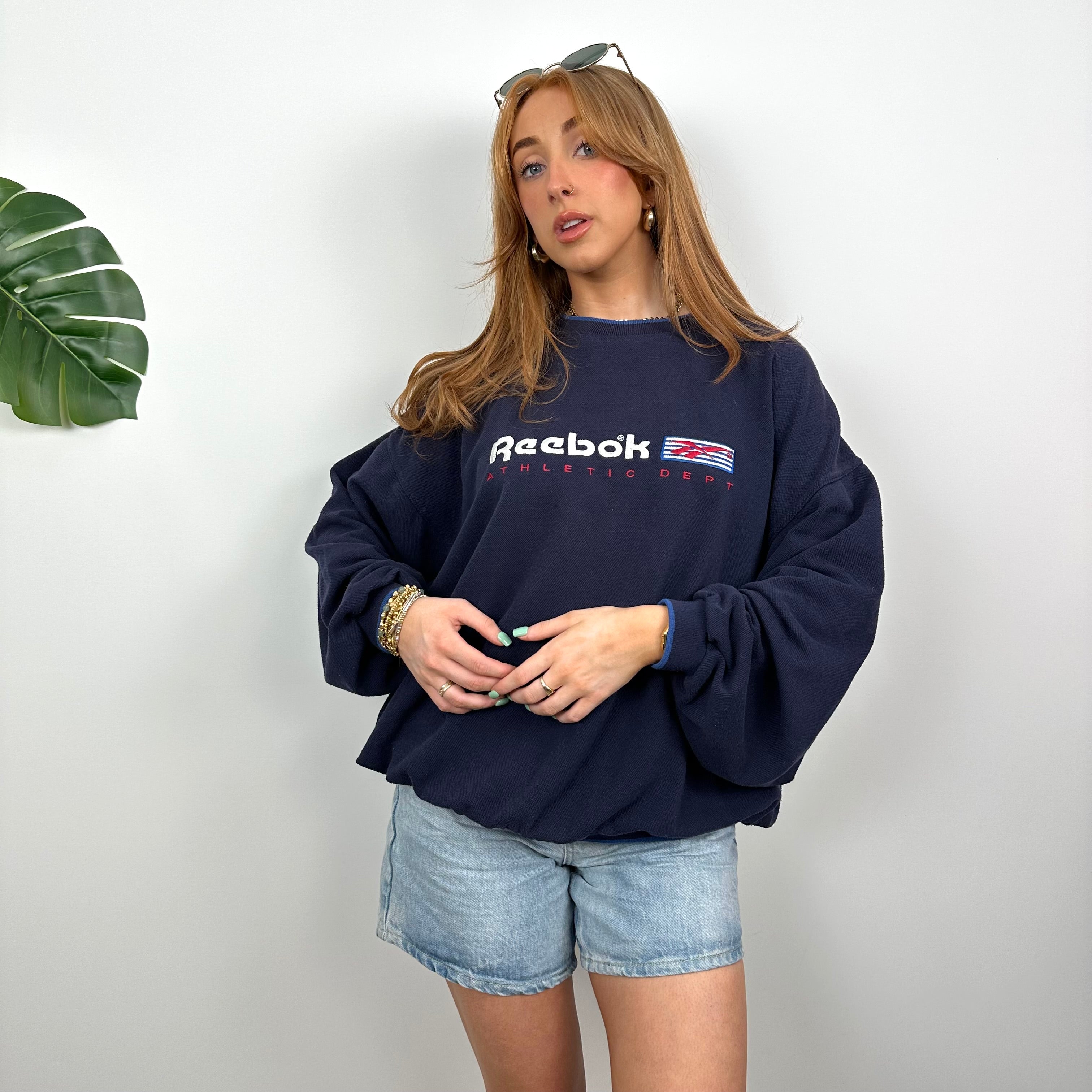 Reebok RARE Navy Embroidered Spell Out Sweatshirt (L)