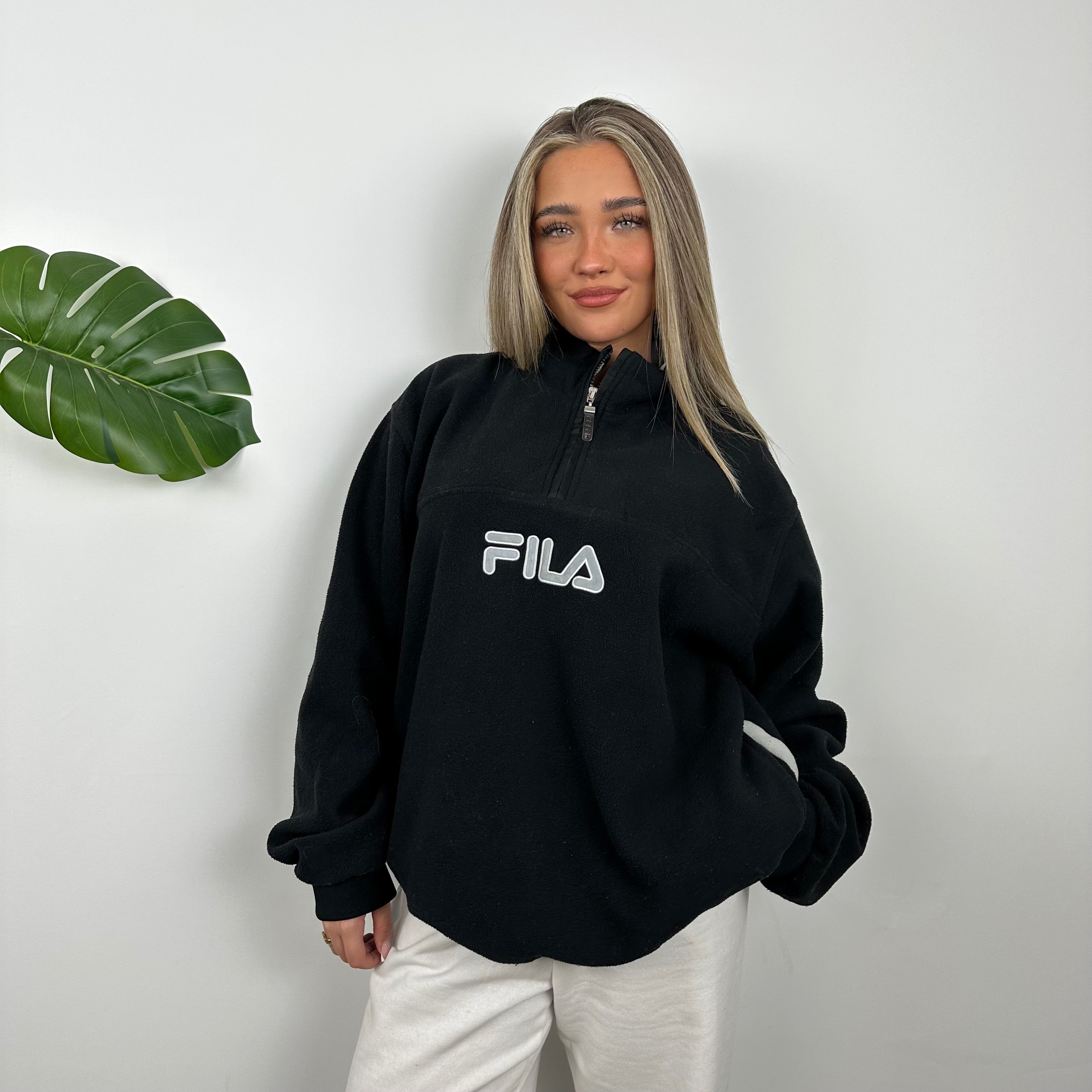 FILA Black Embroidered Spell Out Teddy Bear Fleece Quarter Zip Sweatshirt (XL)