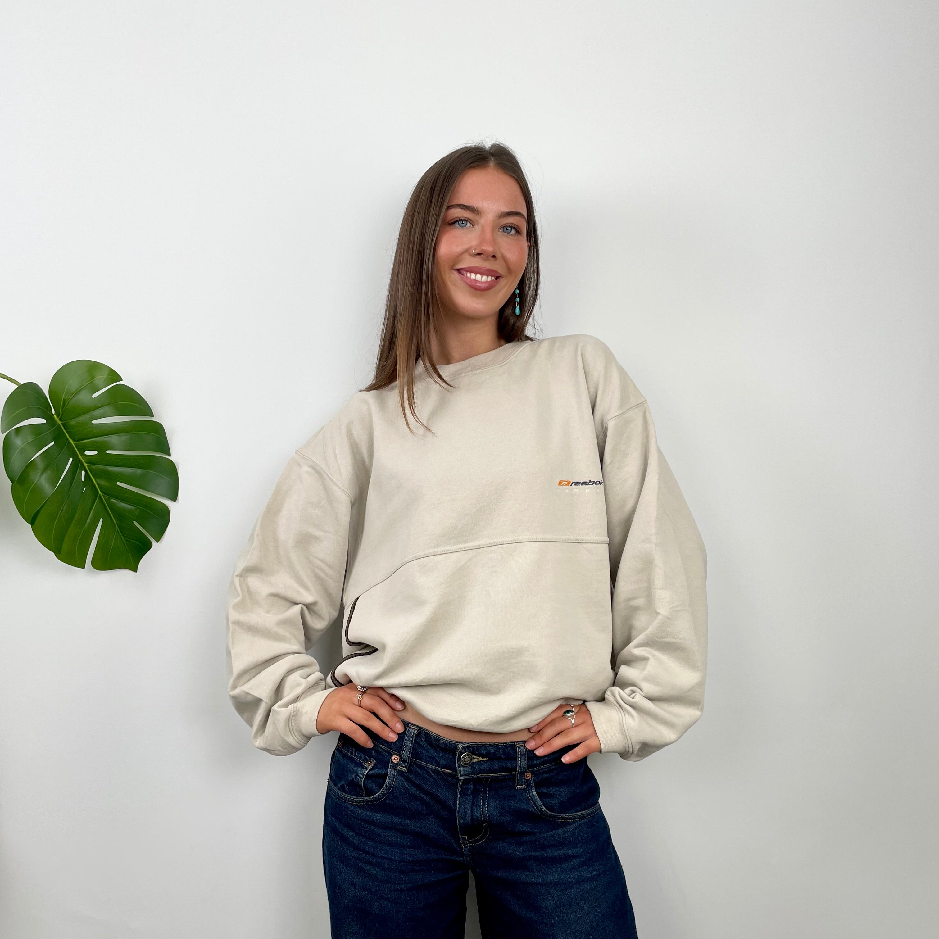 Reebok Cream Embroidered Spell Out Sweatshirt (S)