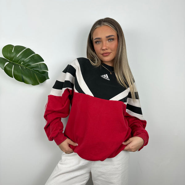 Adidas RARE Red & Black Colour Block Embroidered Spell Out Sweatshirt (M)