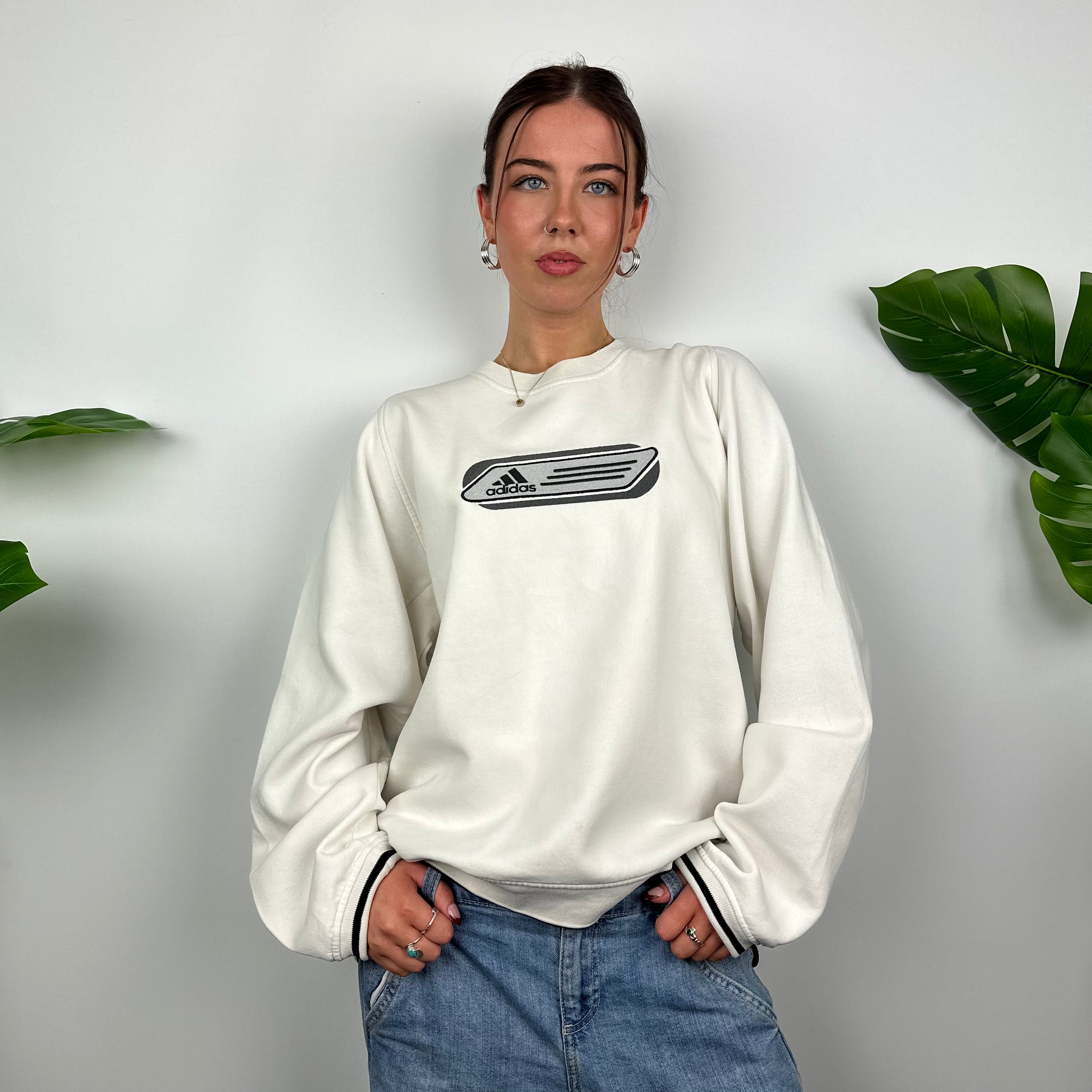 Adidas White Embroidered Spell Out Sweatshirt (L)