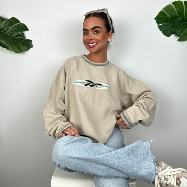 Reebok Tan Beige Embroidered Spell Out Sweatshirt (M)