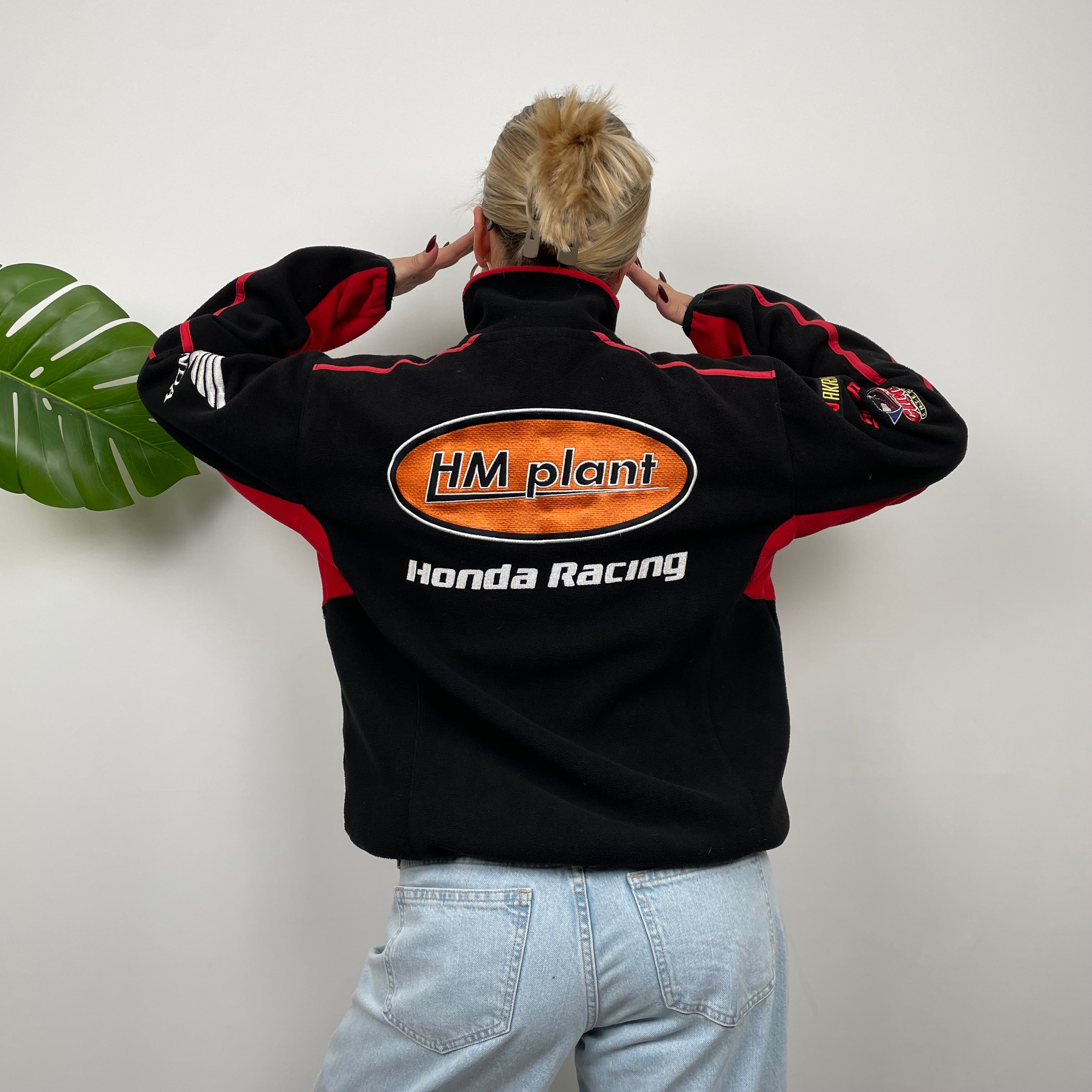 Honda Racing Black Embroidered Spell Out Zip Up Teddy Bear Fleece Jacket (M)