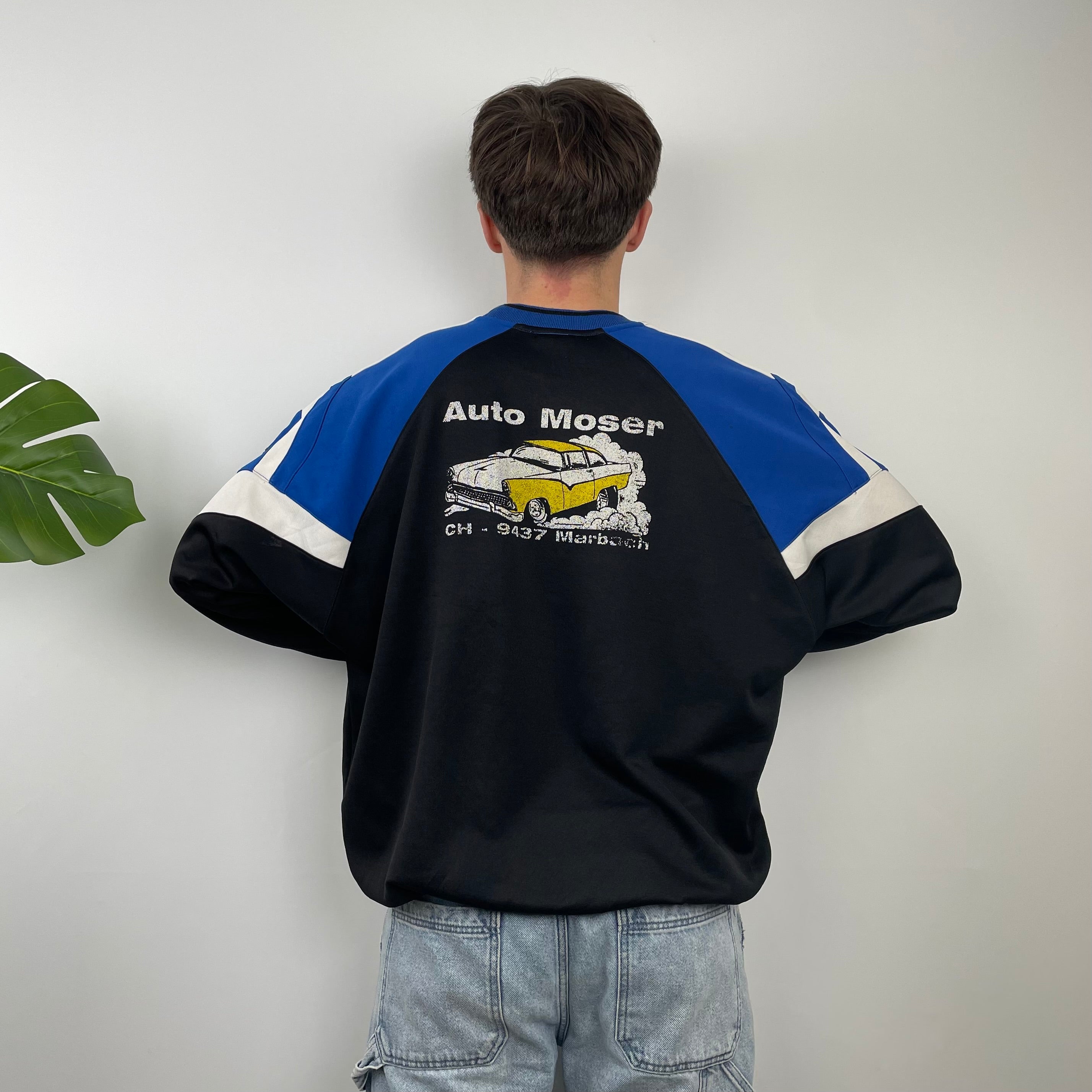 Adidas Black & Blue Embroidered Spell Out Colour Block Sweatshirt