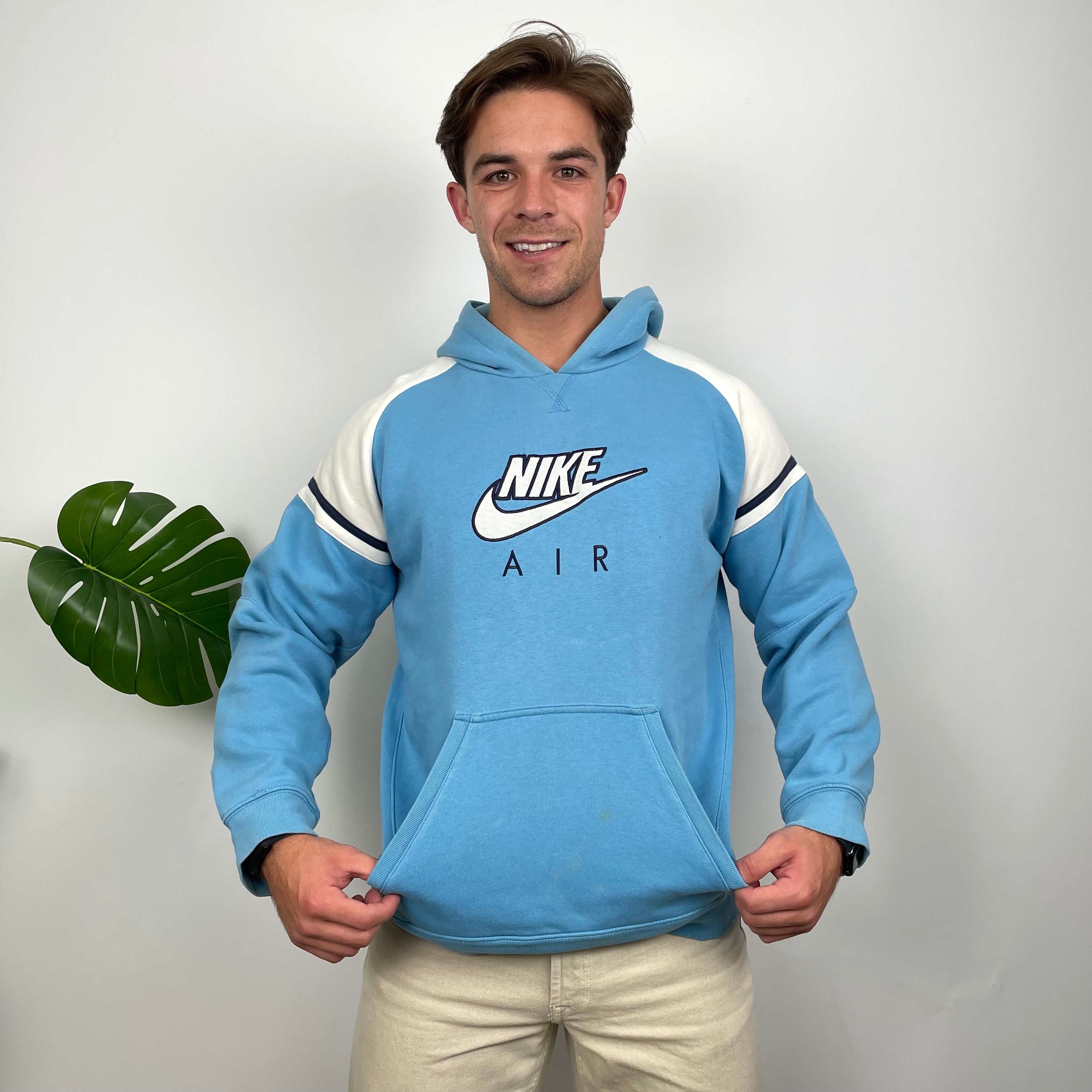 Nike Air RARE White & Baby Blue Embroidered Spell Out Hoodie (L)