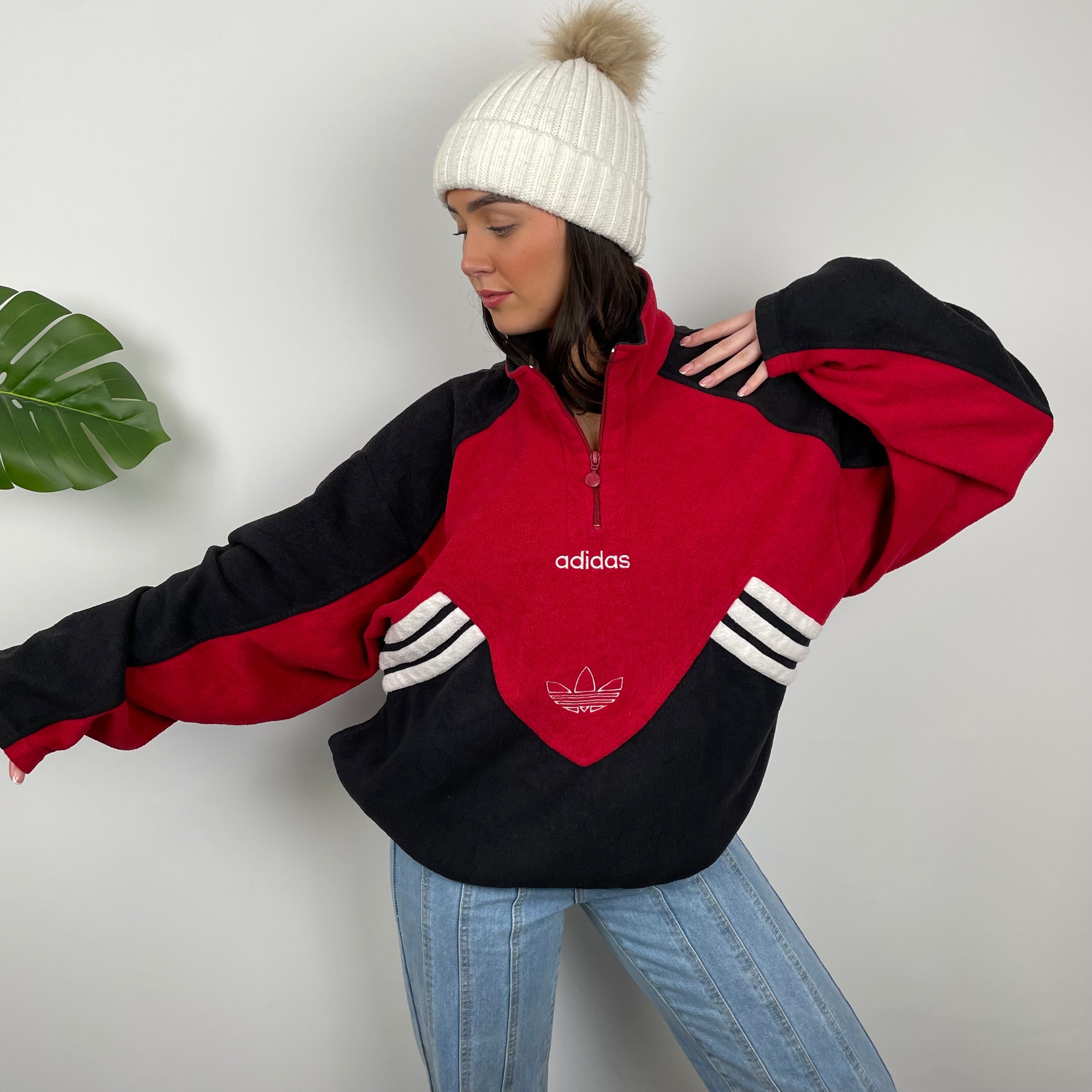 Adidas Red Colour Block Embroidered Spell Out Teddy Bear Fleece Quarter Zip Sweatshirt (XL)