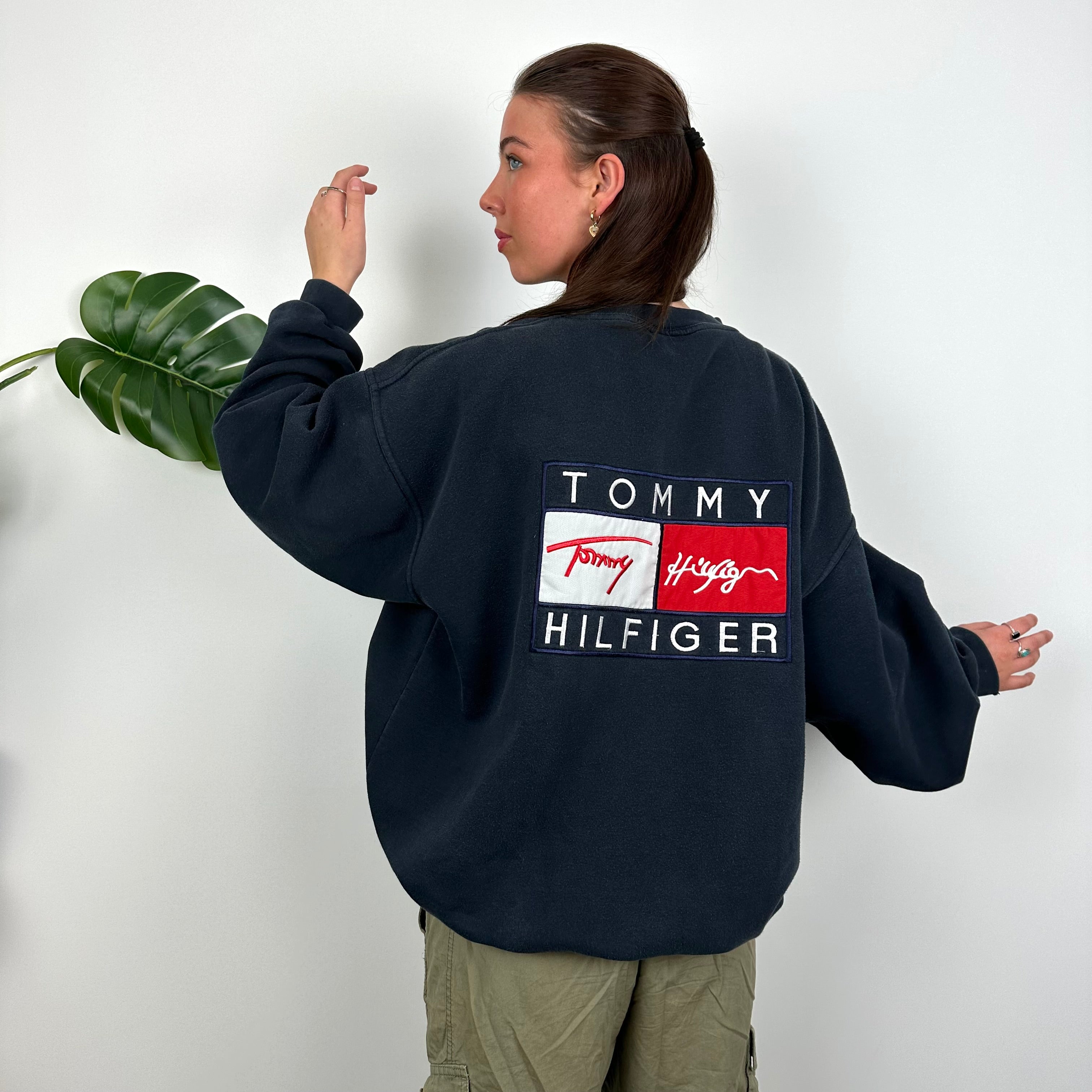 Tommy Hilfiger RARE Navy Embroidered Spell Out Sweatshirt (L)