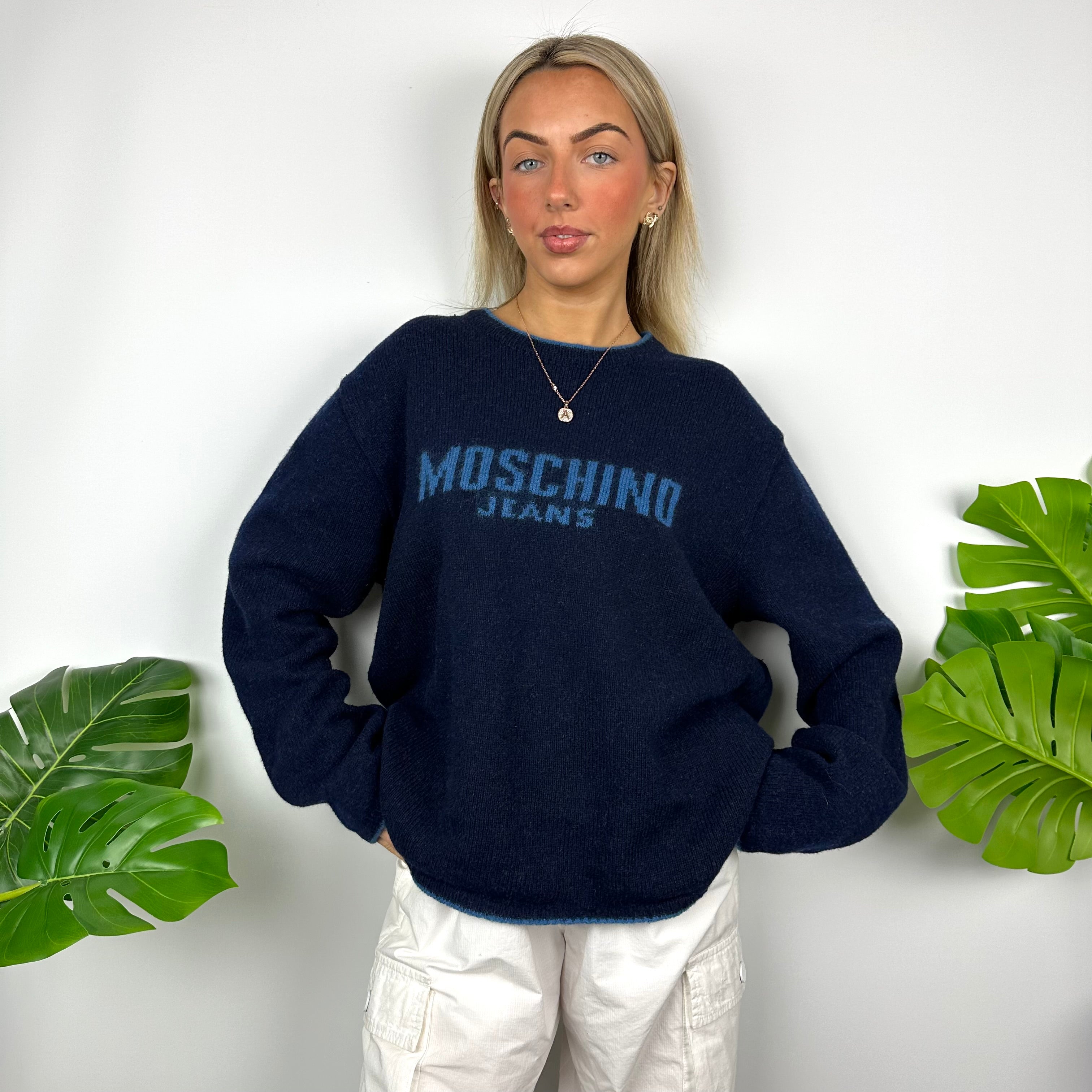 Moschino Jeans Navy Spell Out Knitted Jumper (M)