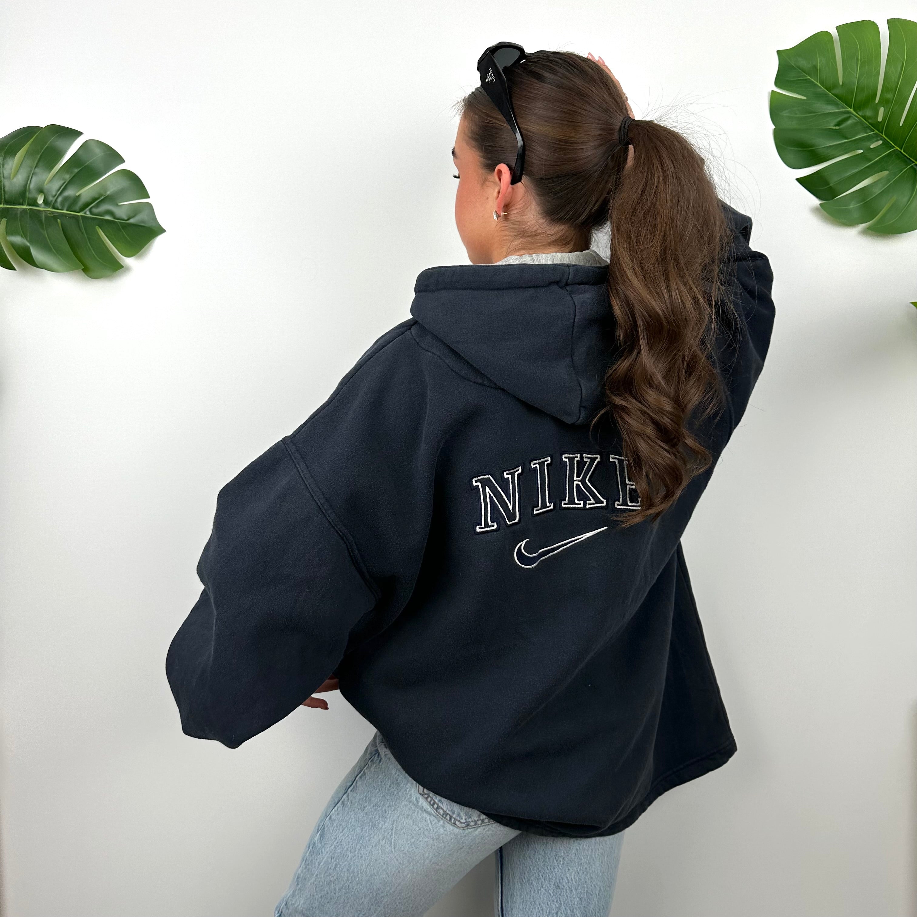 Nike Navy Embroidered Spell Out Zip Up Hoodie Jacket (L)