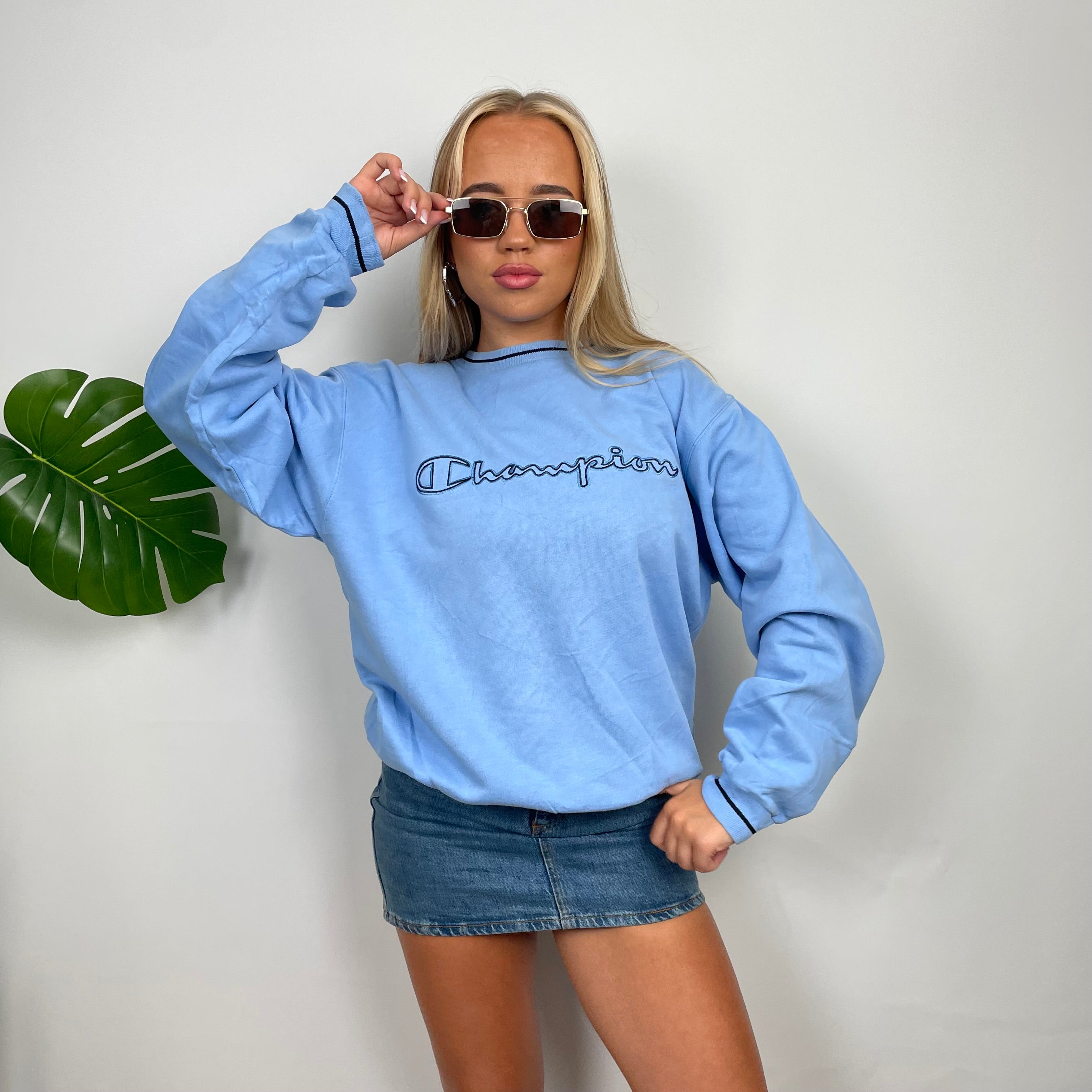 Champion Baby Blue Embroidered Spell Out Sweatshirt (M)