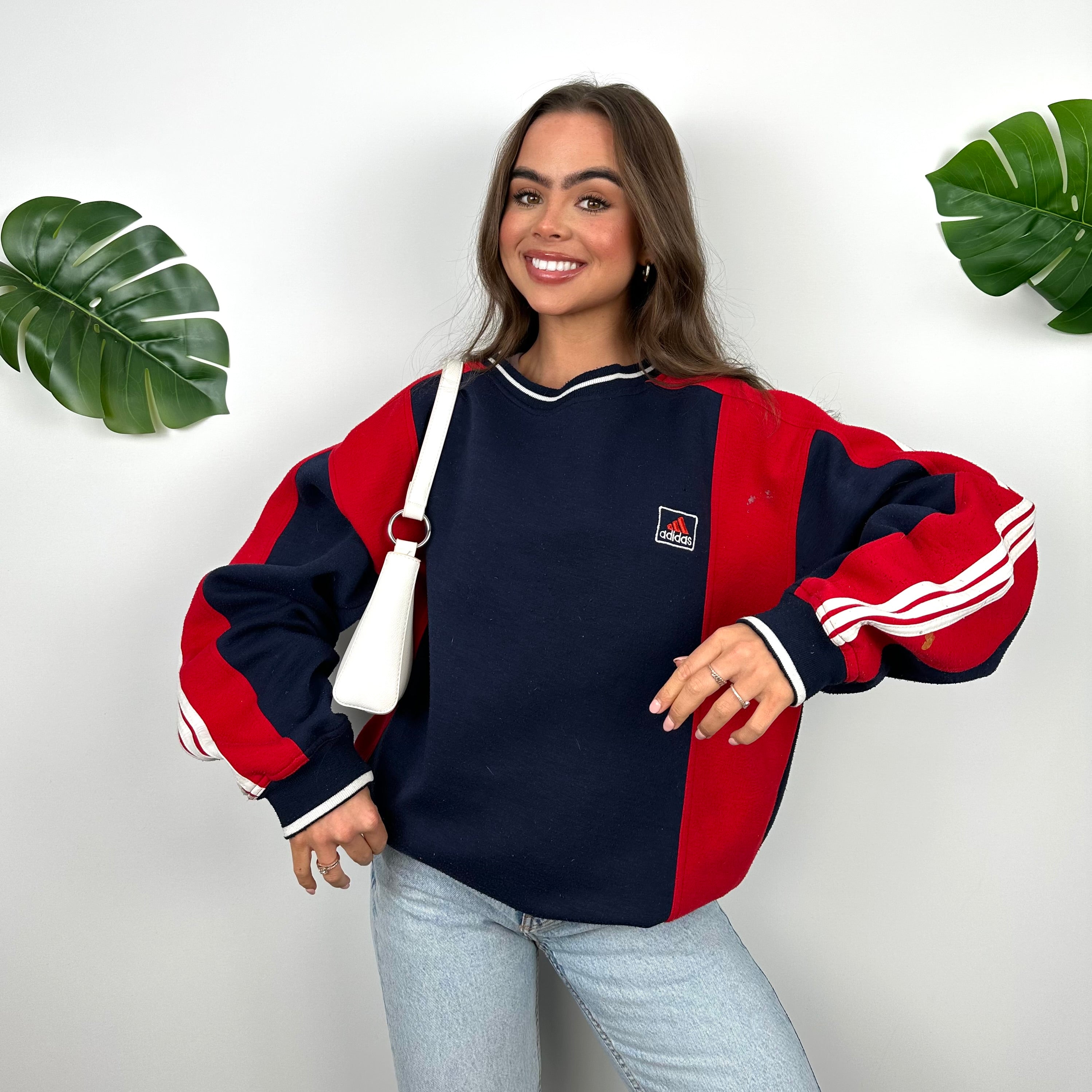 Adidas Navy and Red Embroidered Spell Out Sweatshirt (L)