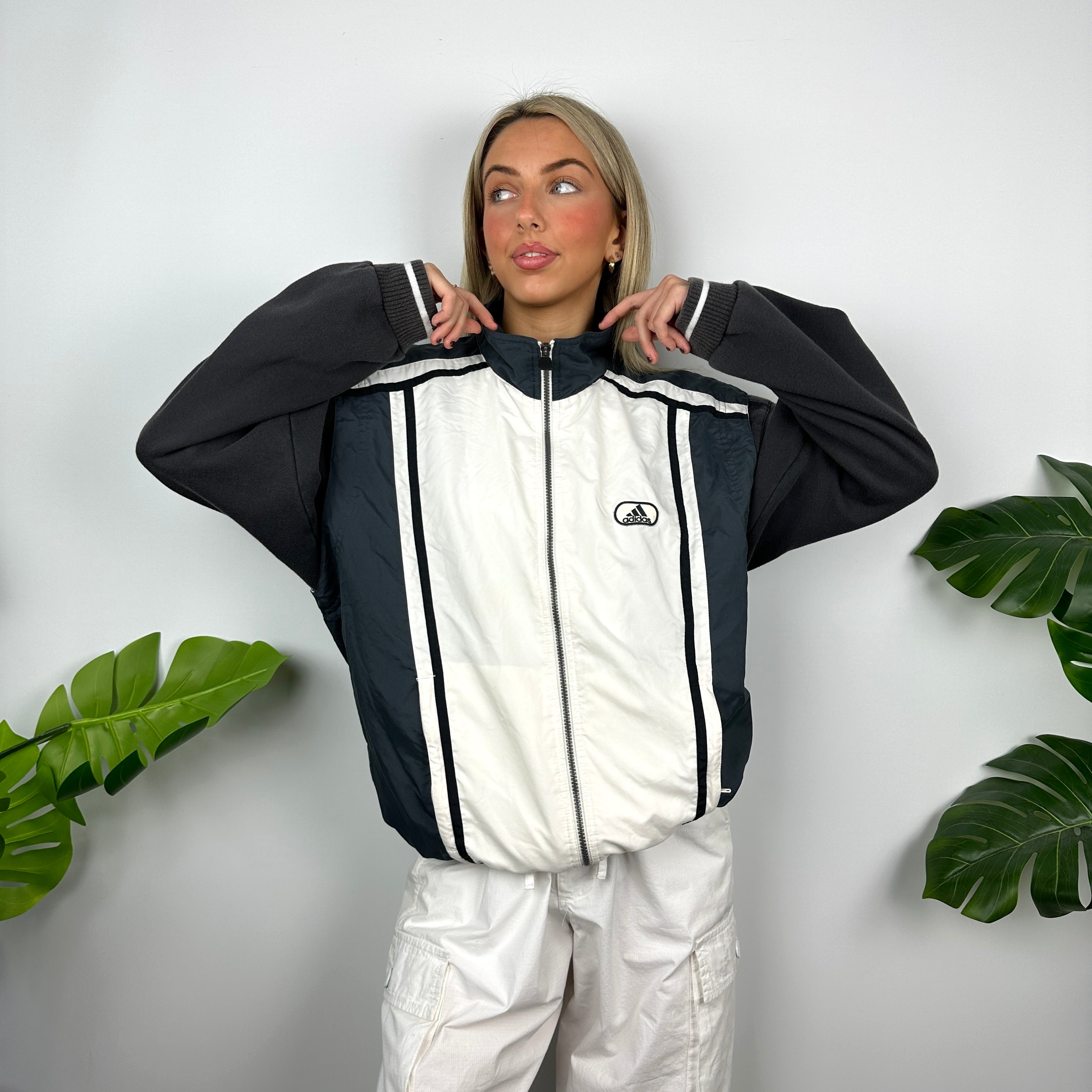 Adidas White & Navy Embroidered Spell Out Zip Up Windbreaker Gilet (M)