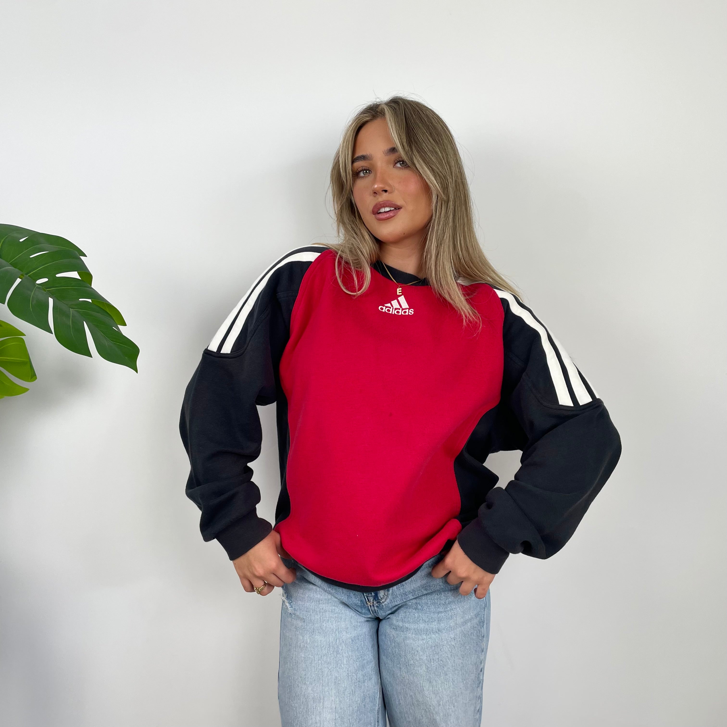 Adidas Red & Black Embroidered Spell Out Colour Block Sweatshirt (L)