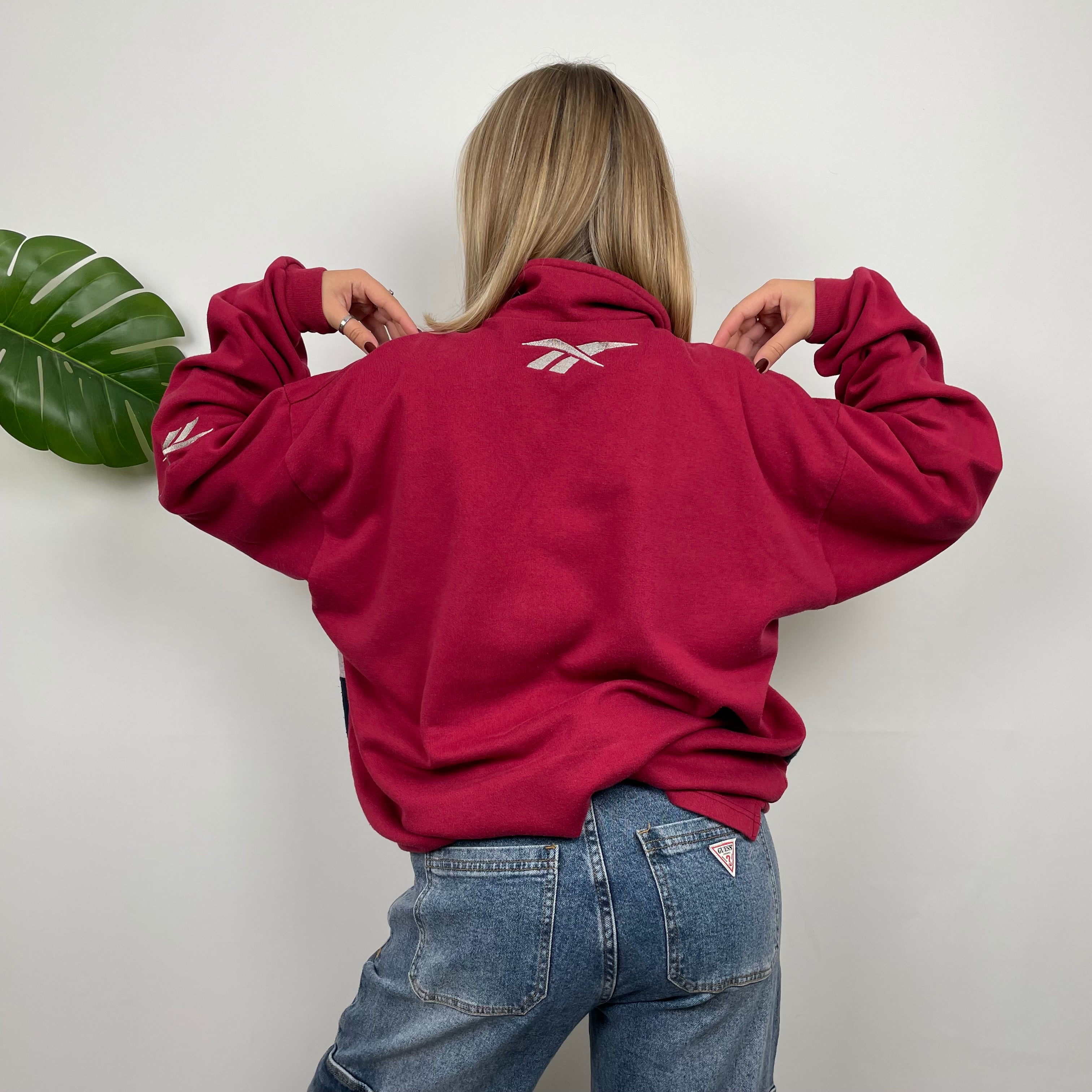 Reebok RARE Red Embroidered Spell Out Quarter Zip Sweatshirt (XXL)