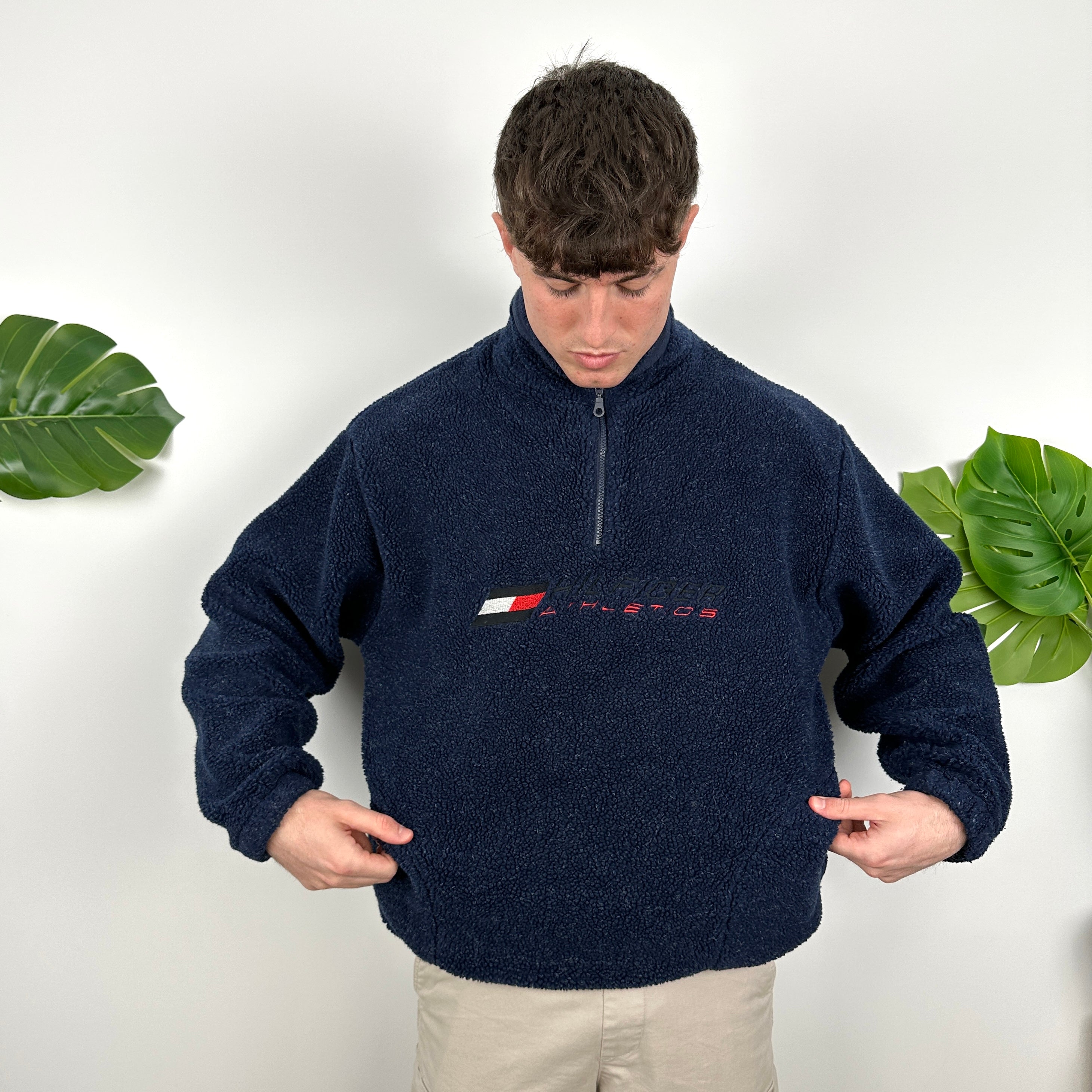 Tommy Hilfiger Navy Embroidered Spell Out Teddy Bear Sherpa Fleece Quarter Zip Sweatshirt (L)