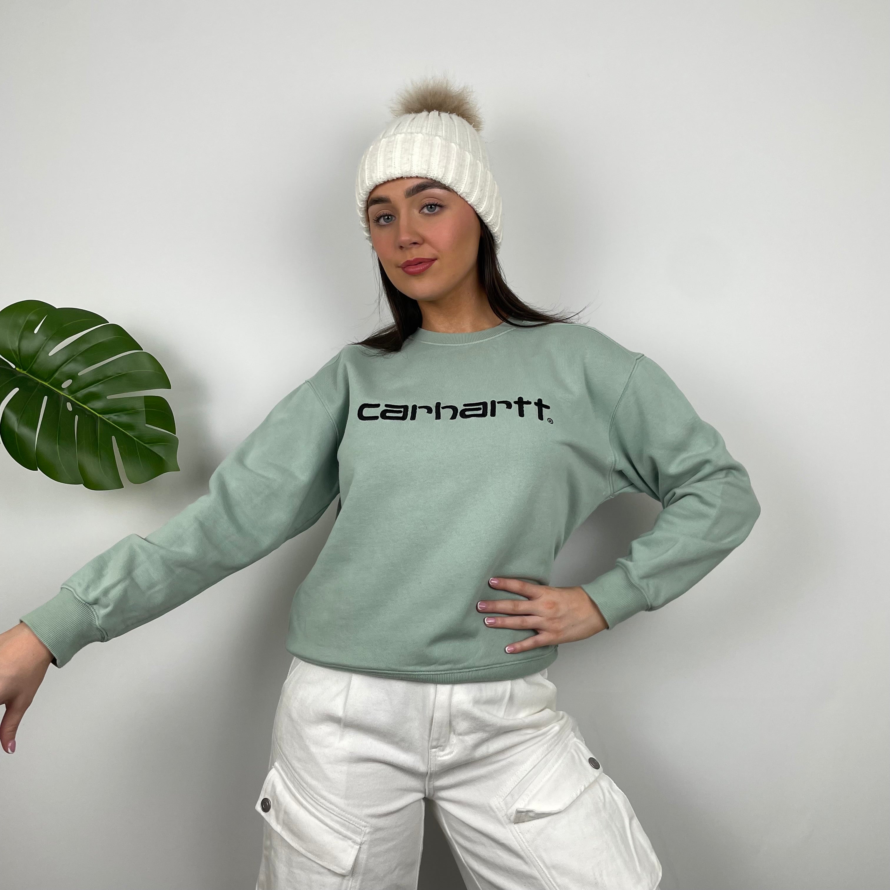 Carhartt RARE Mint Green Embroidered Spell Out Sweatshirt (XS)