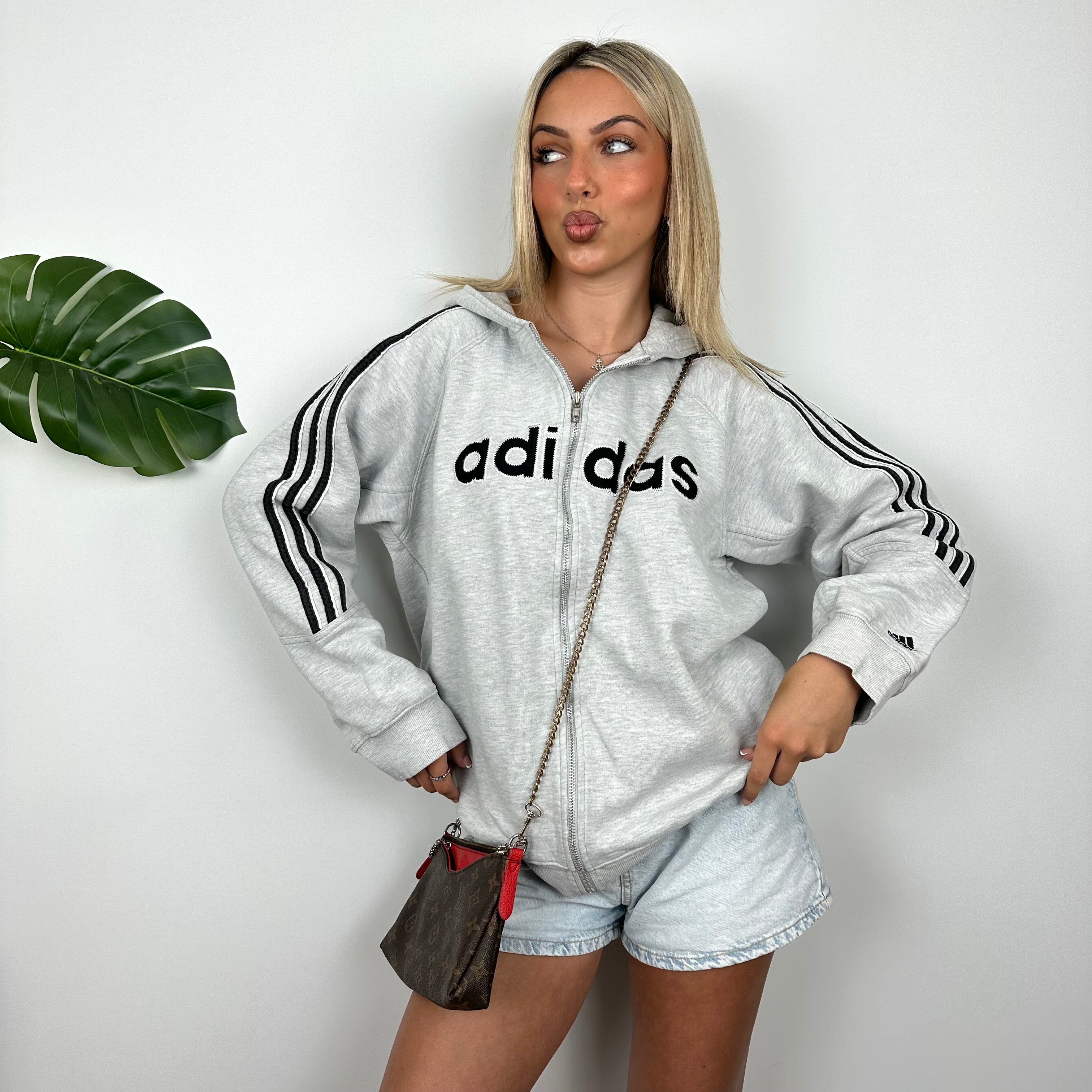 Adidas Grey Embroidered Spell Out Zip Up Hoodie Jacket (M)