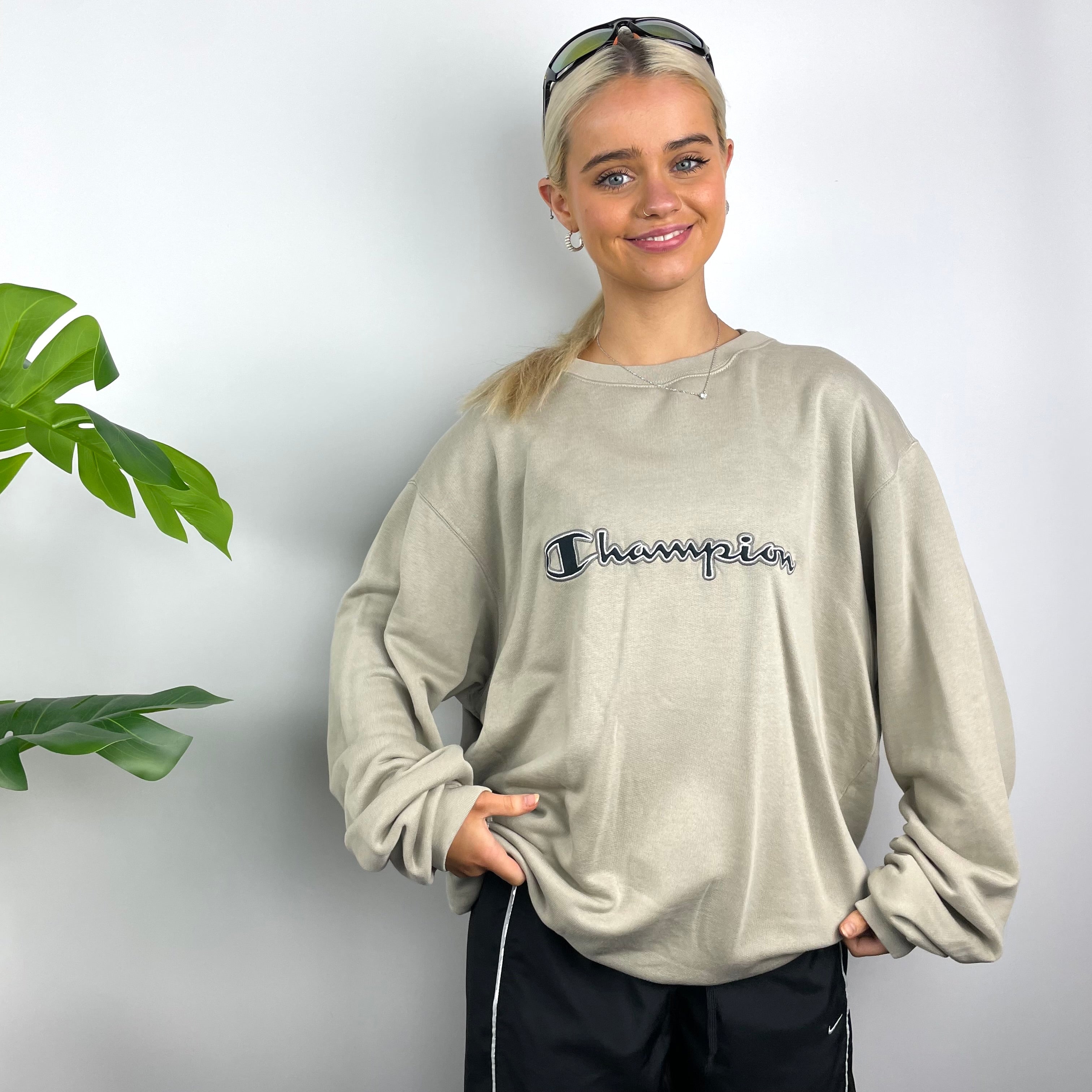 Champion RARE Grey Embroidered Spell Out Sweatshirt (XXL)