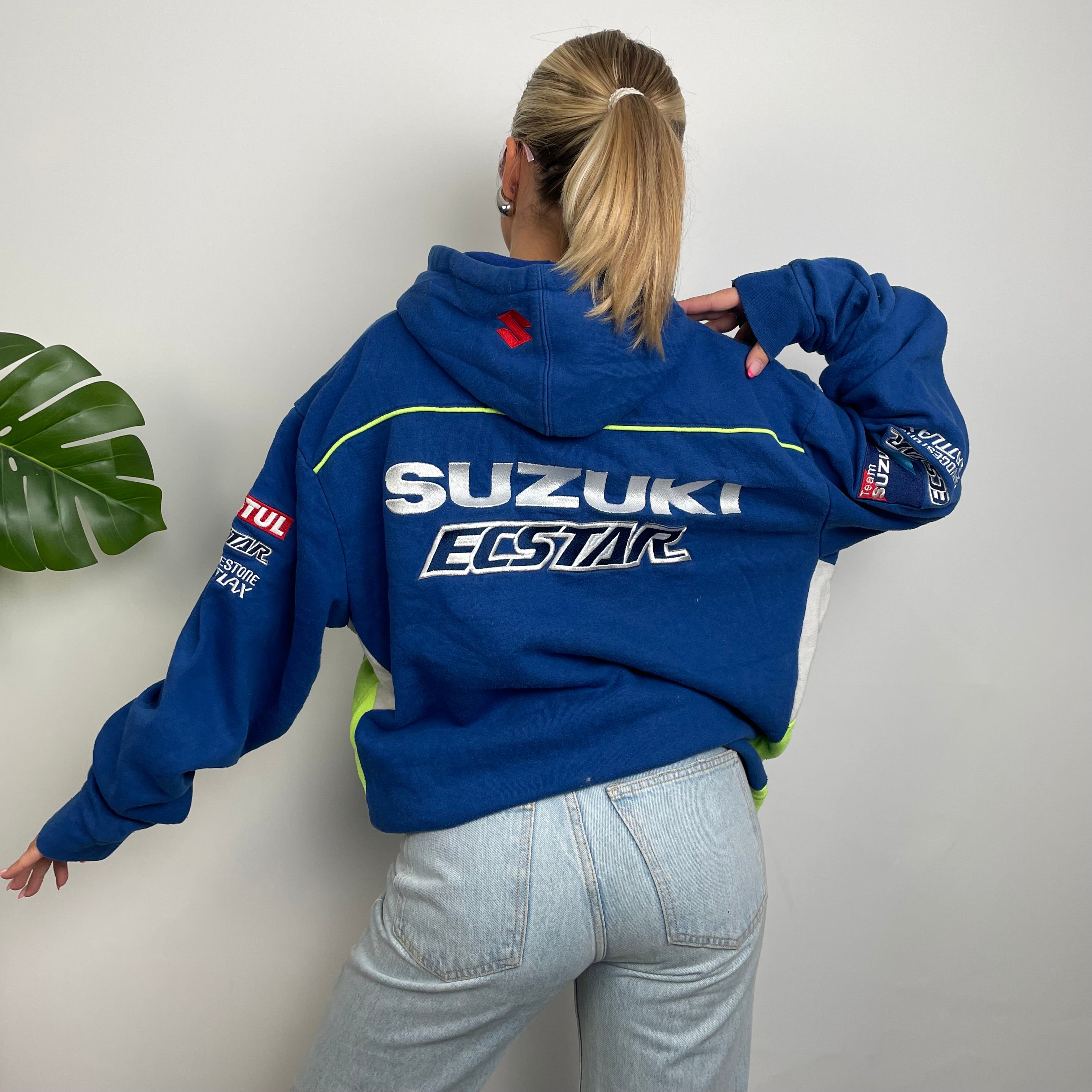 Suzuki Racing Blue Embroidered Spell Out Zip Up Fleece Jacket (XXL)