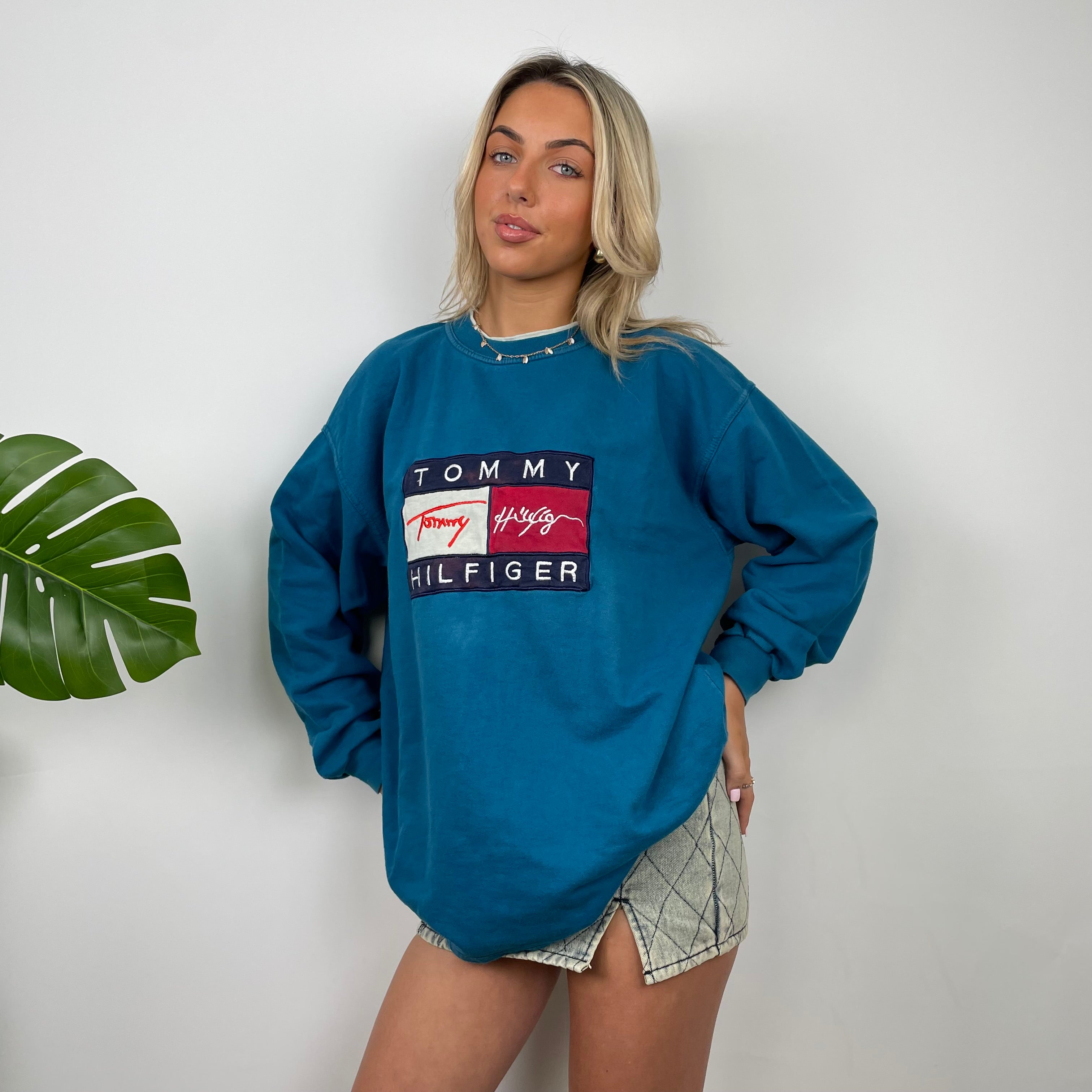 Tommy Hilfiger Turquoise Embroidered Spell Out Sweatshirt (XL)