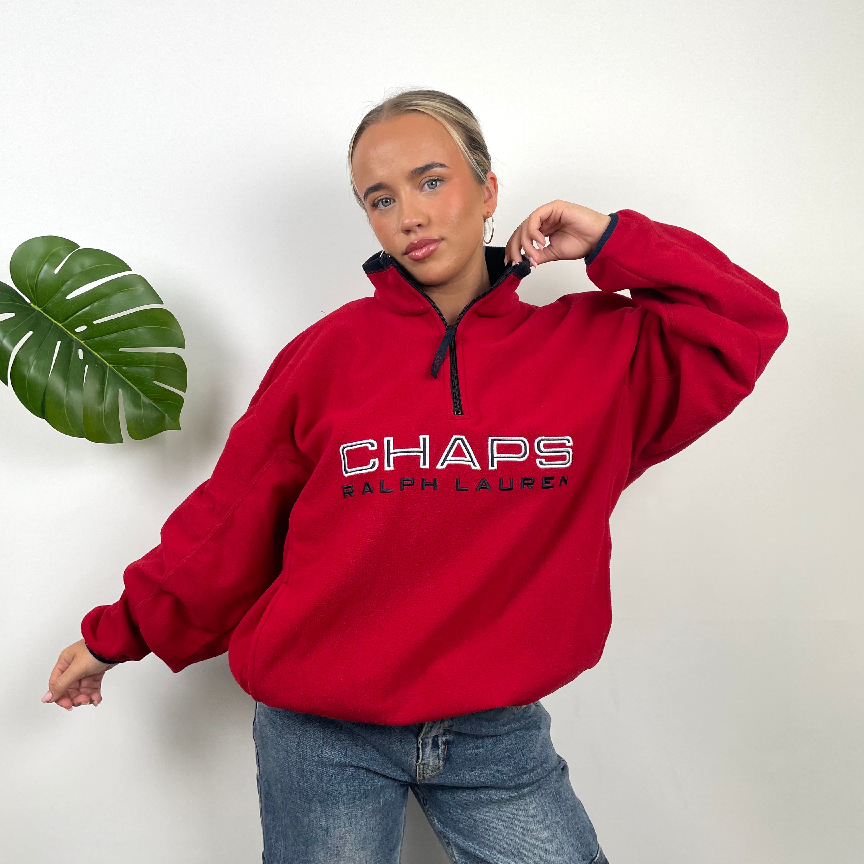 Chaps Ralph Lauren Red Embroidered Spell Out Teddy Bear Fleece Quarter Zip Sweatshirt (L)