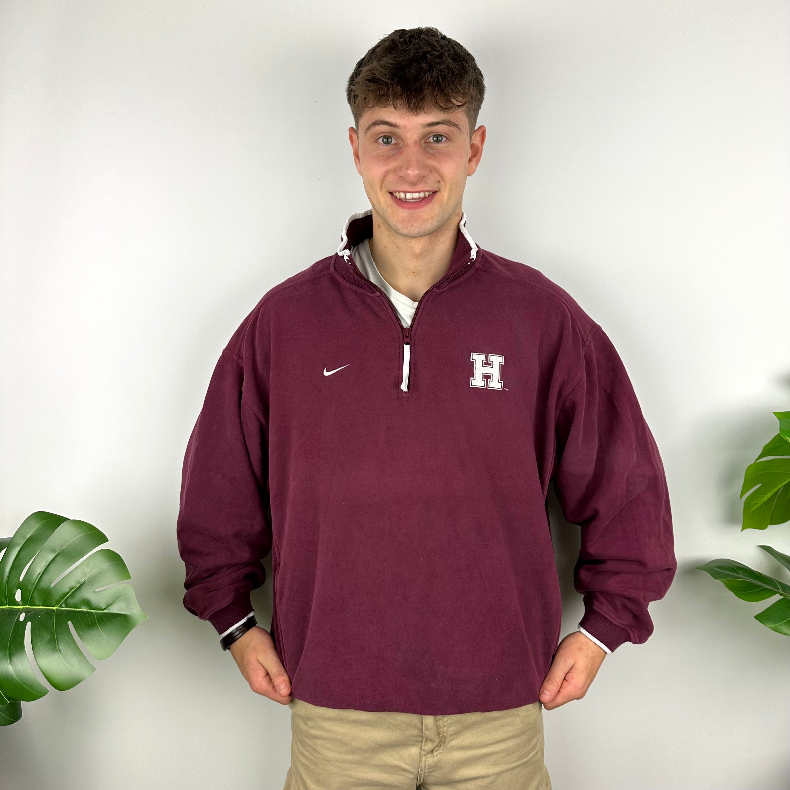 Nike Maroon Harvard Embroidered Spell Out Quarter Zip Sweatshirt (L)