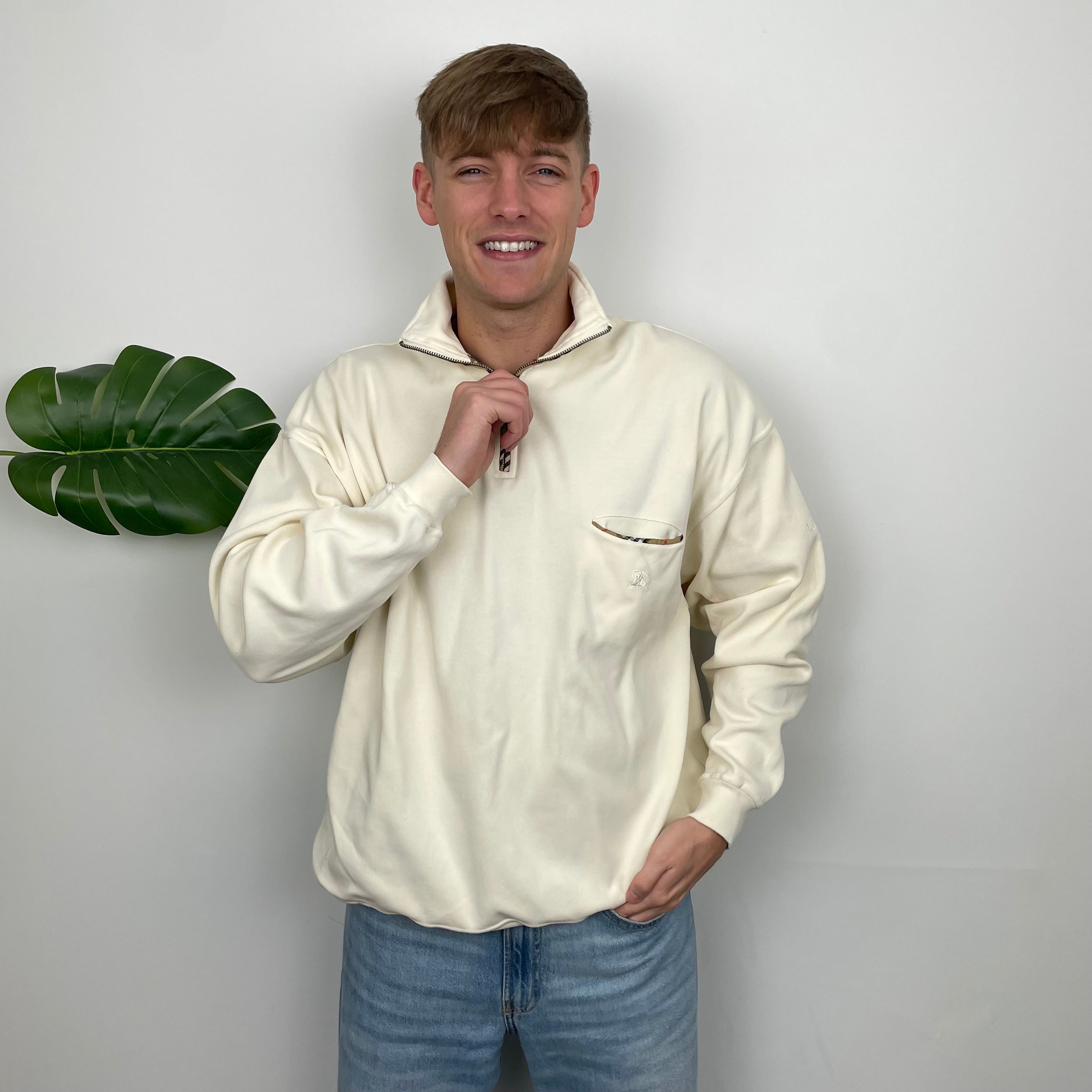 Burberry Cream Embroidered Spell Out Quarter Zip (L)