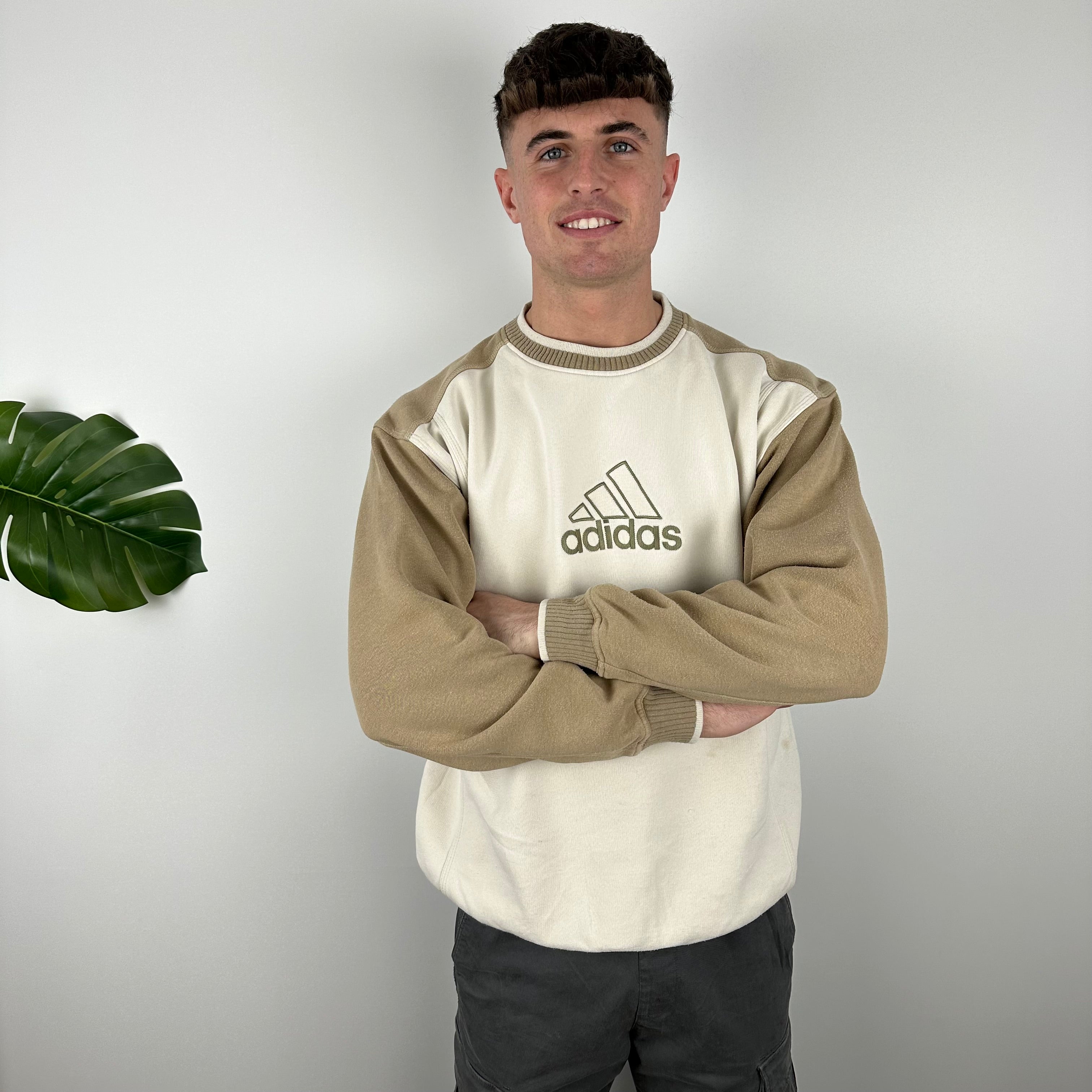 Adidas Cream and Tan Brown Embroidered Spell Out Sweatshirt (M)