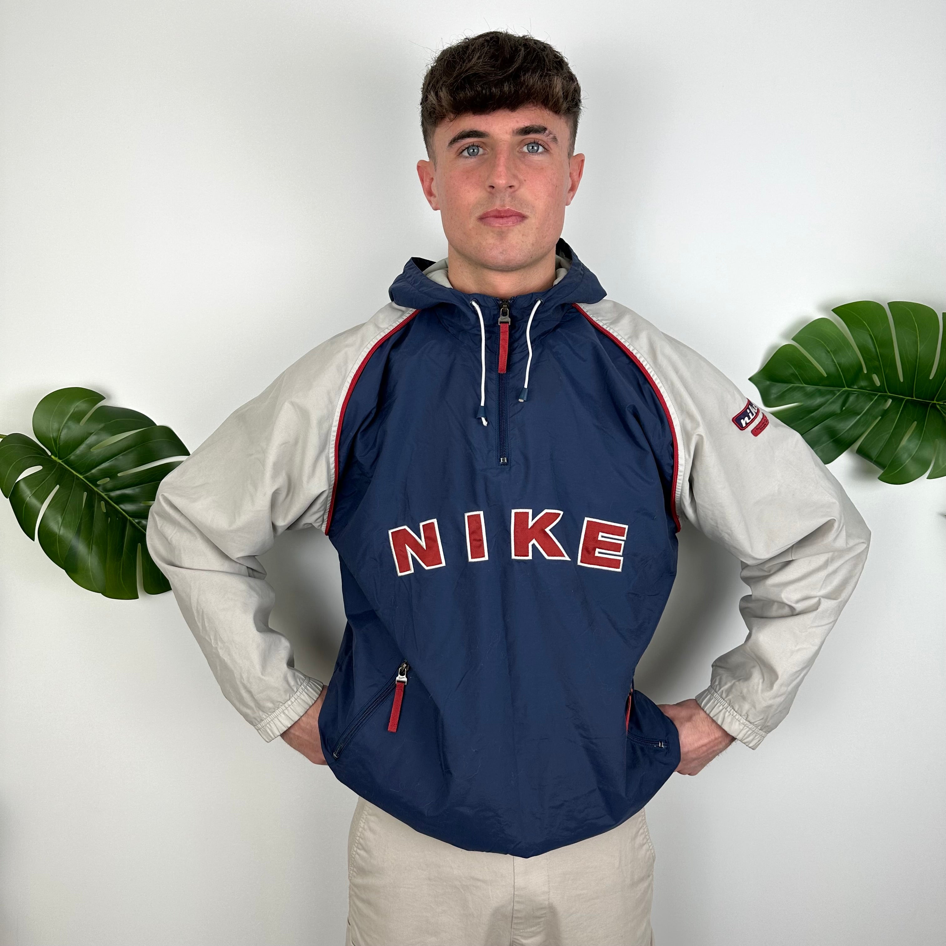 Nike Navy & Grey Embroidered Spell Out Quarter Zip Windbreaker Jacket (L)