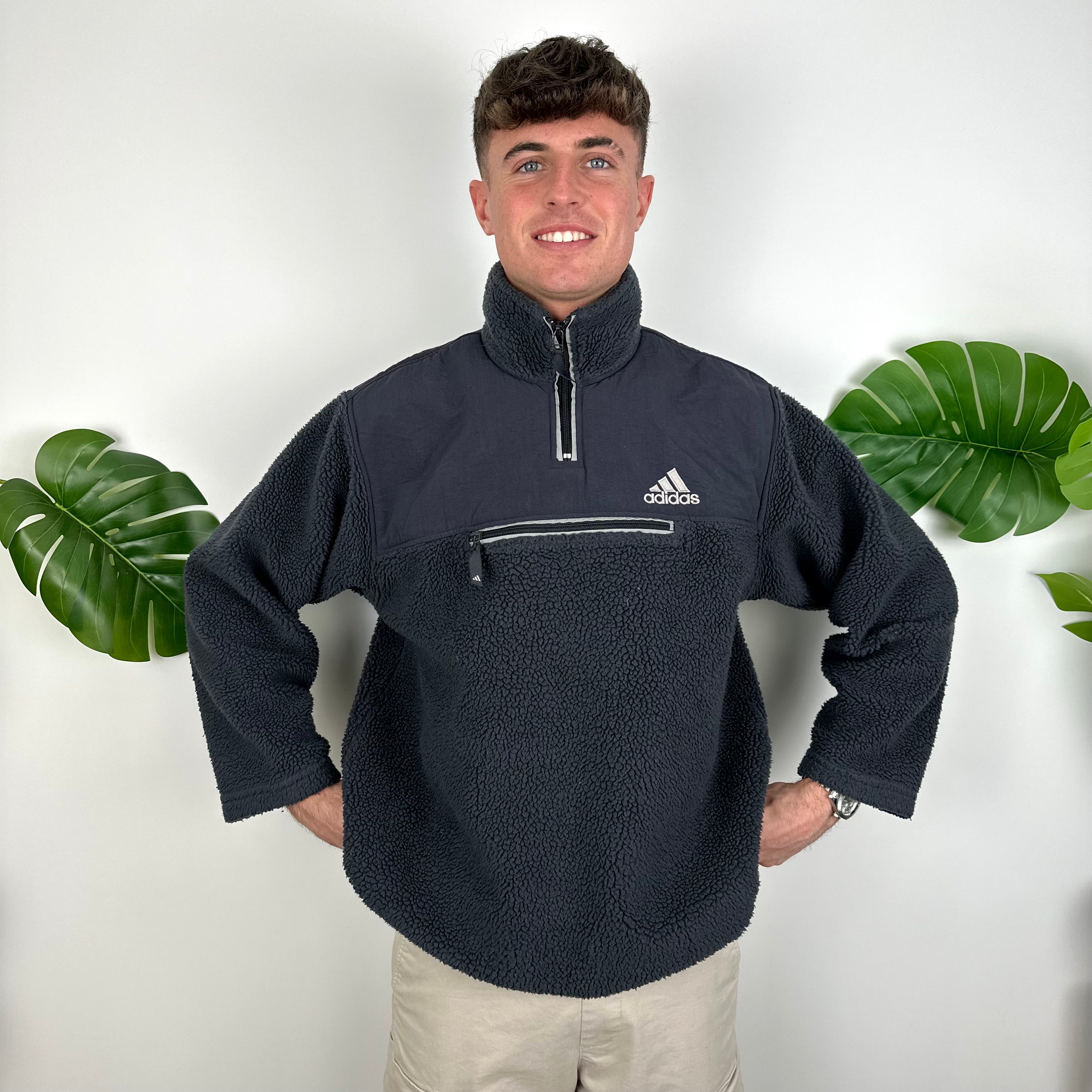 Adidas Navy Embroidered Spell Out Teddy Bear Sherpa Fleece Quarter Zip Sweatshirt (L)