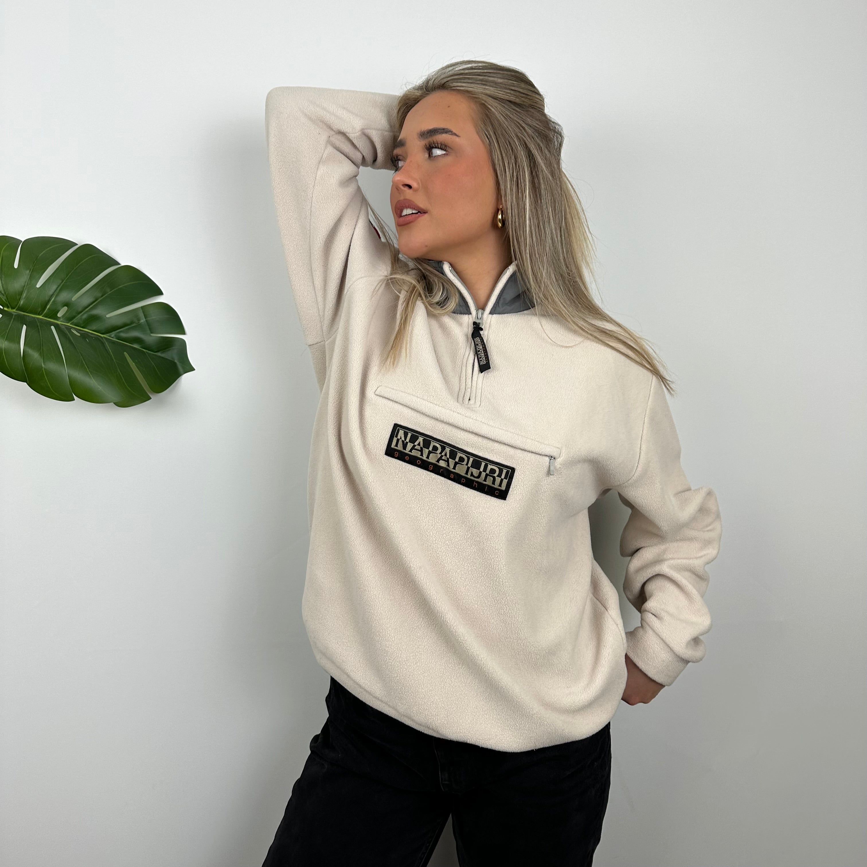 Napapijri Cream Embroidered Spell Out Teddy Bear Fleece Quarter Zip (M)