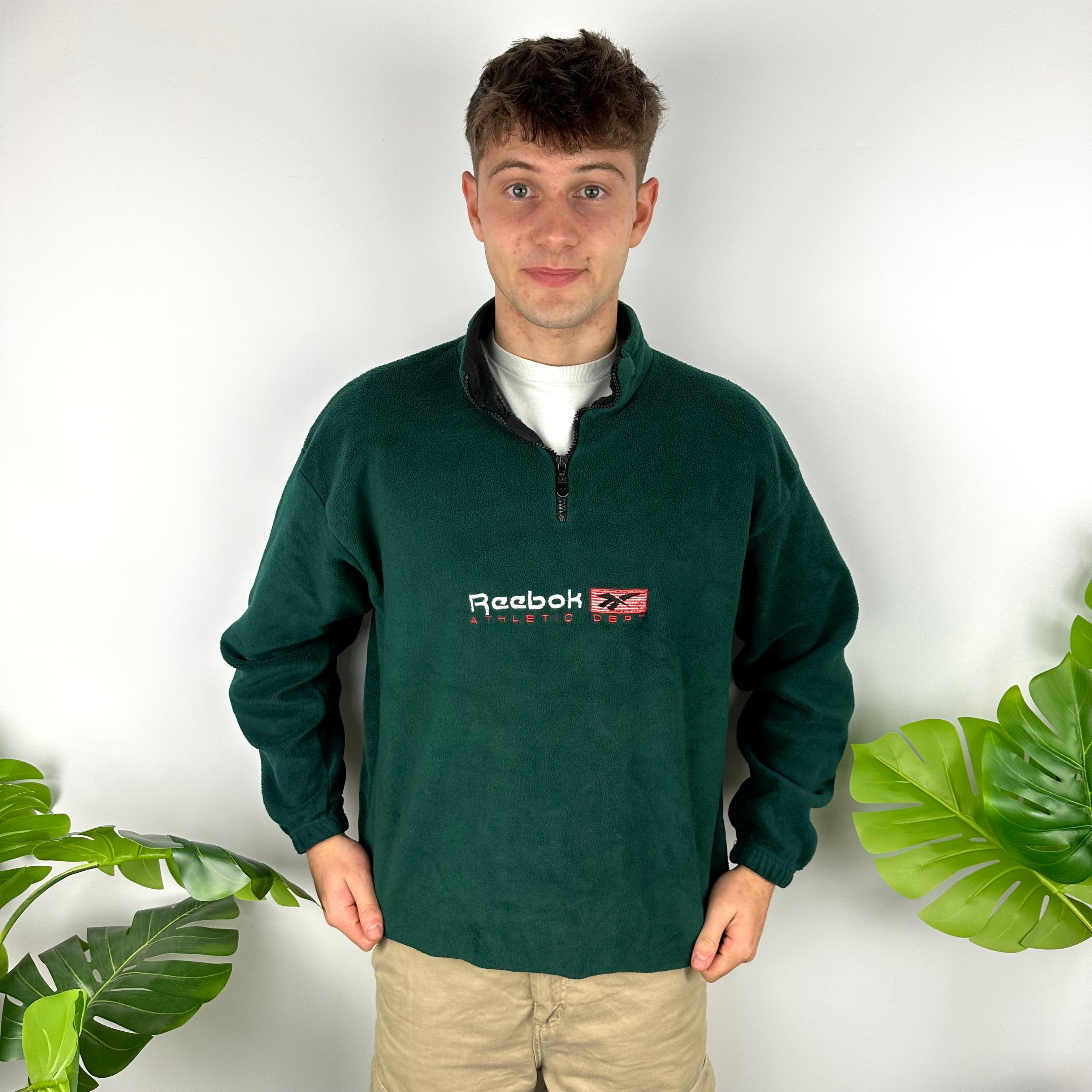 Reebok Green Embroidered Spell Out Teddy Bear Fleece Quarter Zip Sweatshirt (L)