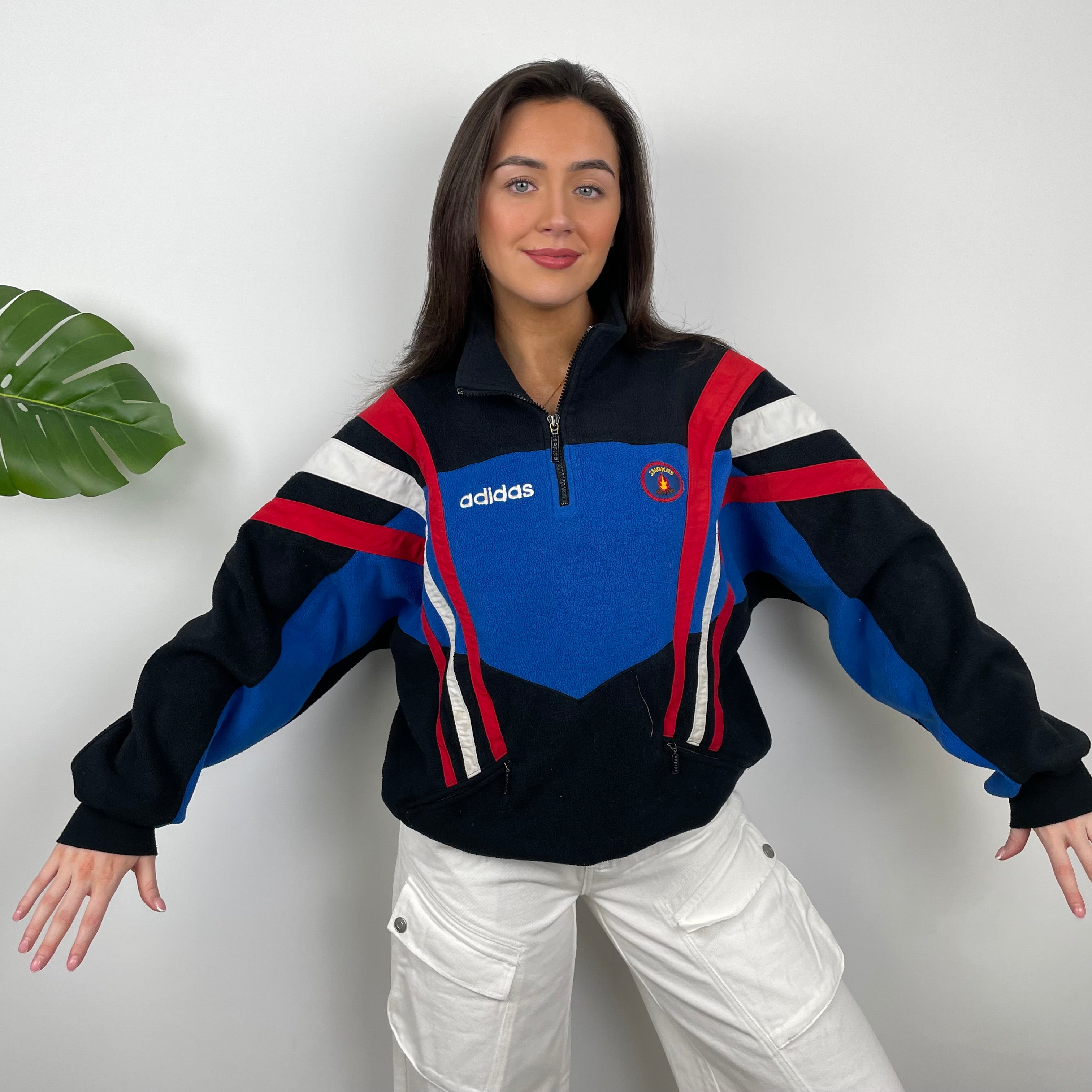 Adidas Blue RARE Colour Block Embroidered Spell Out Teddy Bear Fleece Quarter Zip Sweatshirt (L)