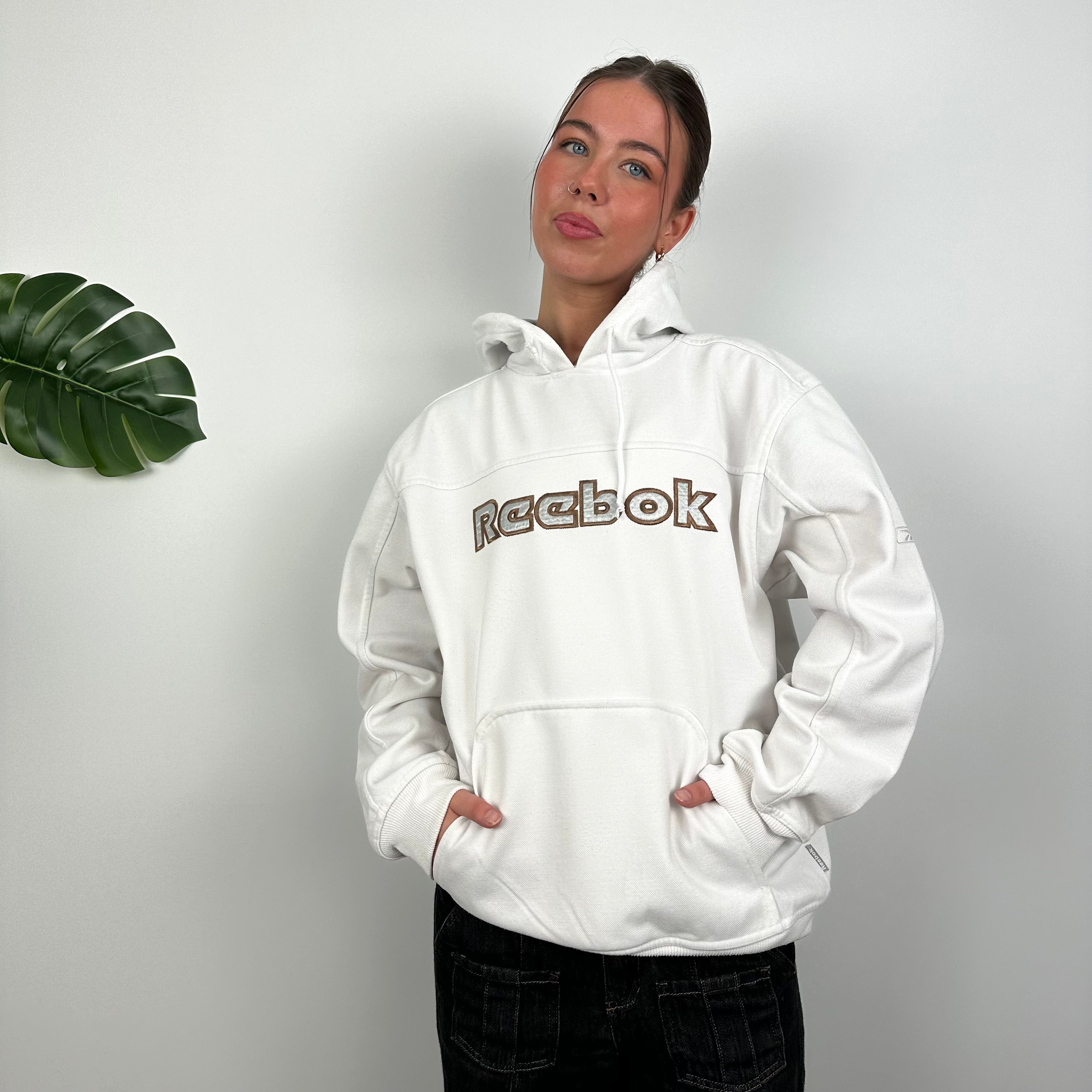 Reebok White Embroidered Spell Out Hoodie (M)