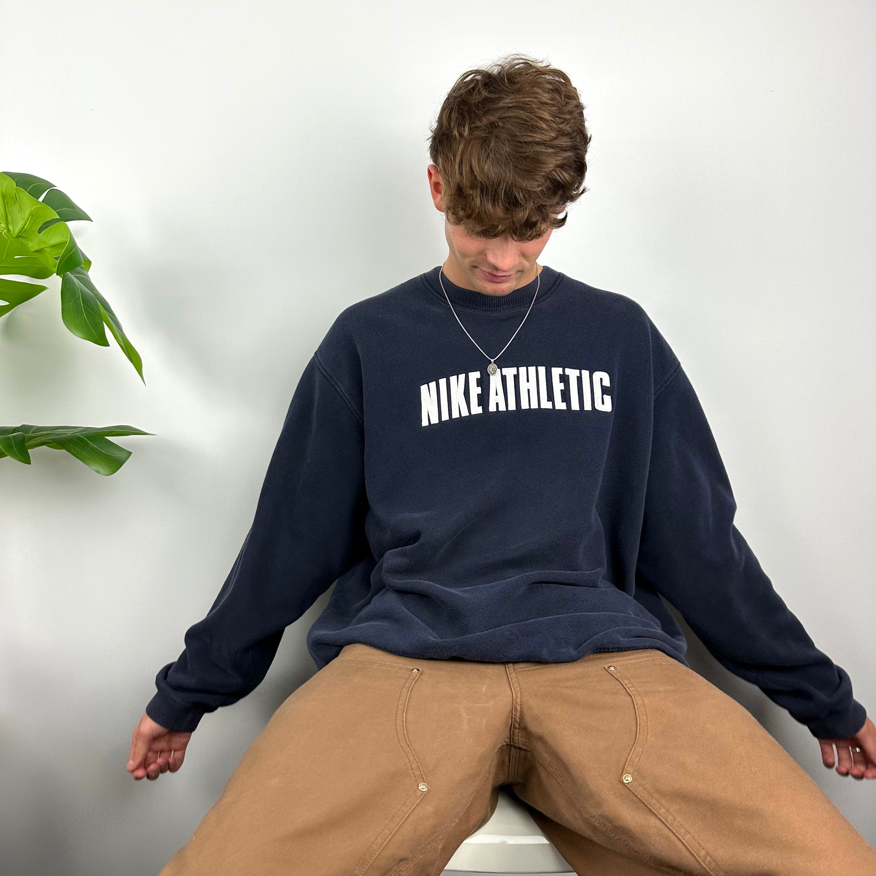Nike Athletic RARE Navy Embroidered Spell Out Sweatshirt (XL)